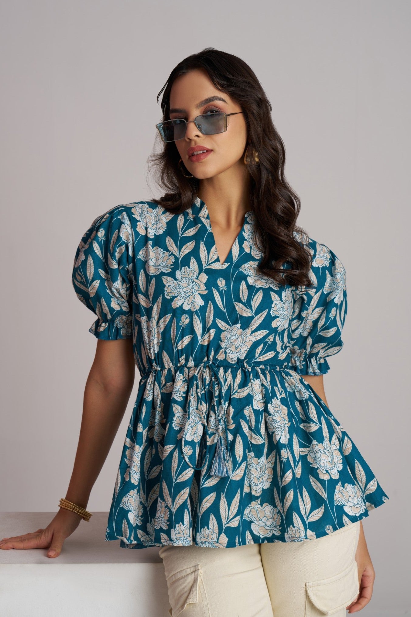 Olive Bloom Puff Sleeve Peplum Top