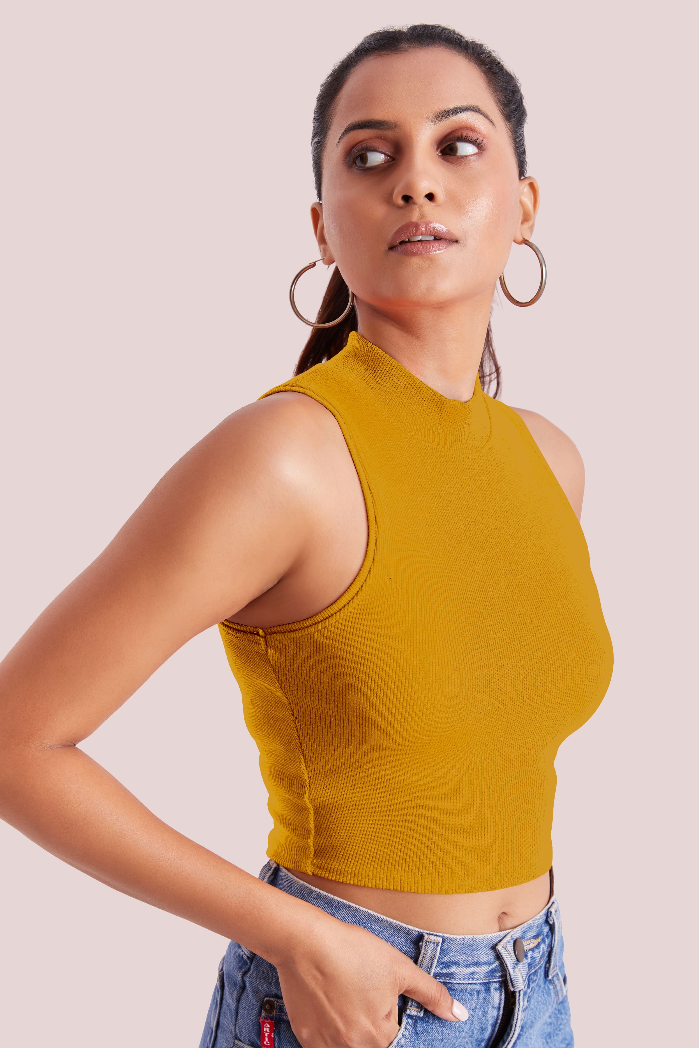 Mustard Yellow Ribbed High Neck Sleeveless Crop Top