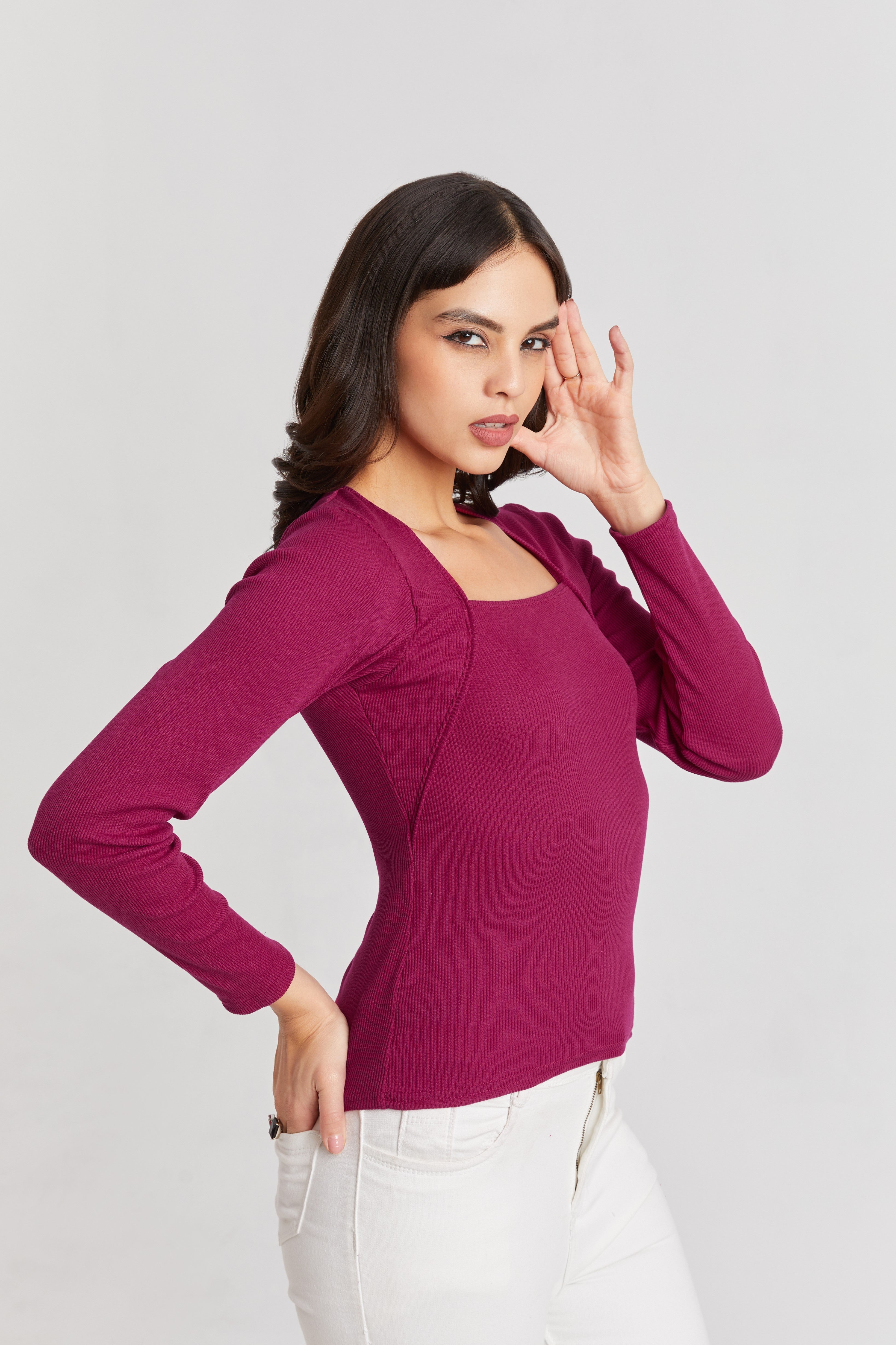Wine Ribbed Square Neck Top