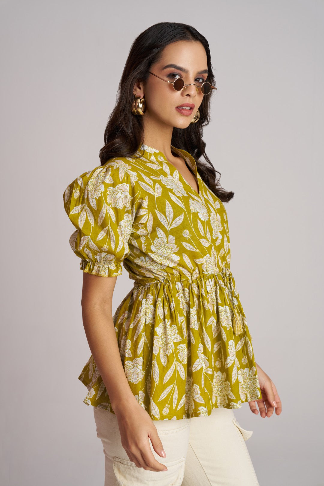 Plum Bloom Puff Sleeve Peplum Top