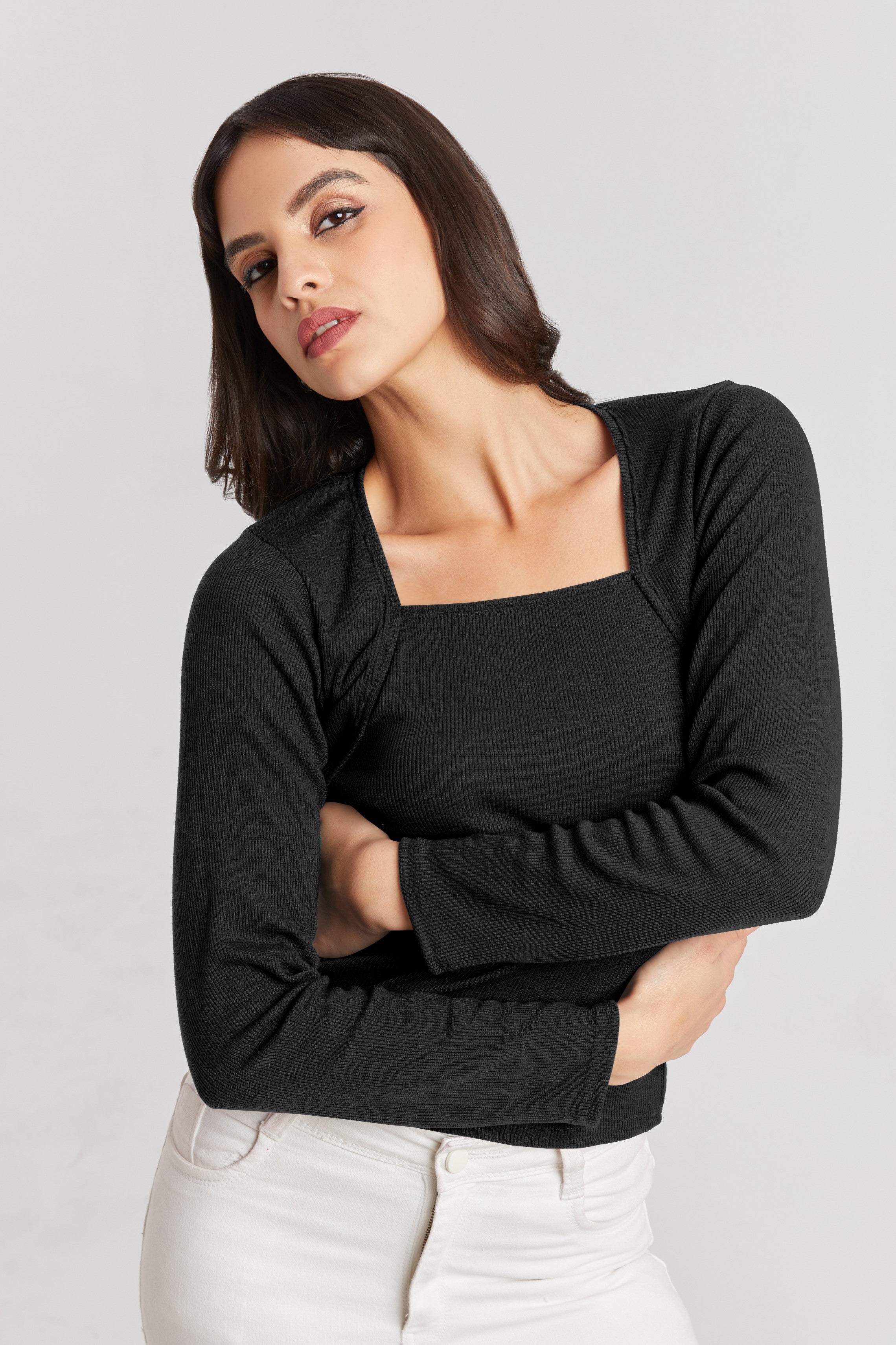 Deep Red Ribbed Square Neck Top