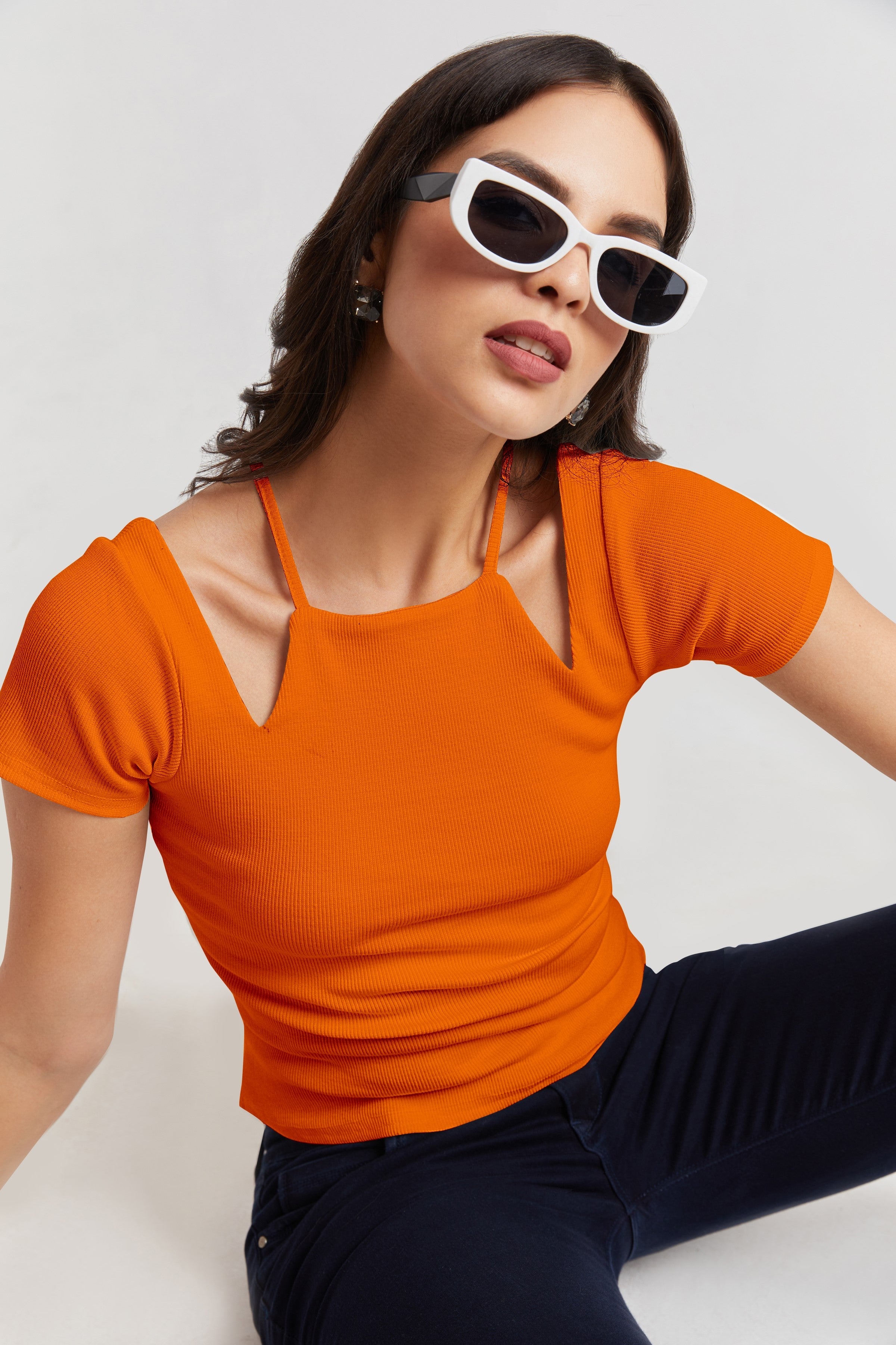 Midnight Orange Ribbed Cutout Top