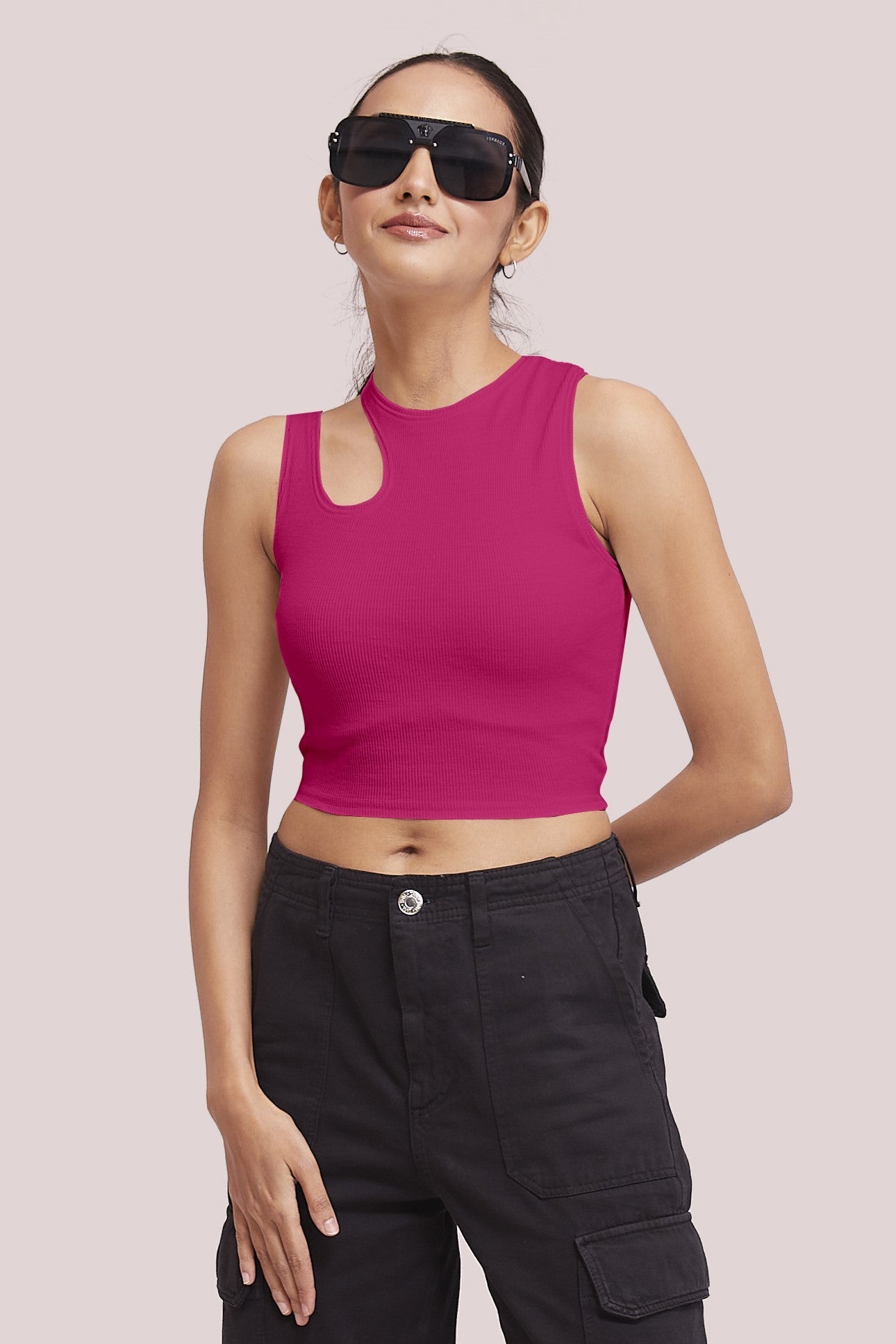 Black-Ribbed Sleeveless Cut-Out Tank Top