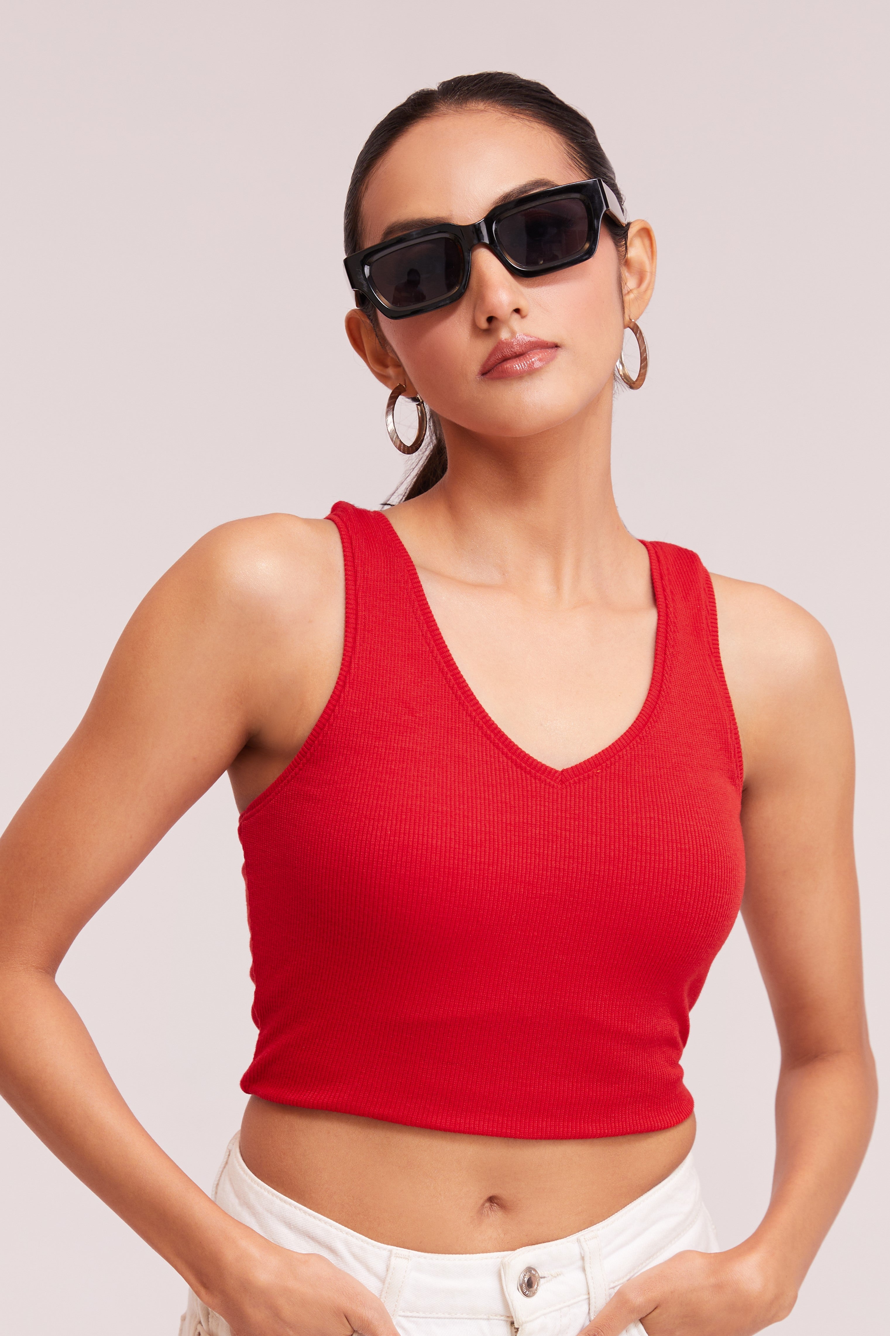 Black Ribbed V-Neck Sleeveless Crop Top