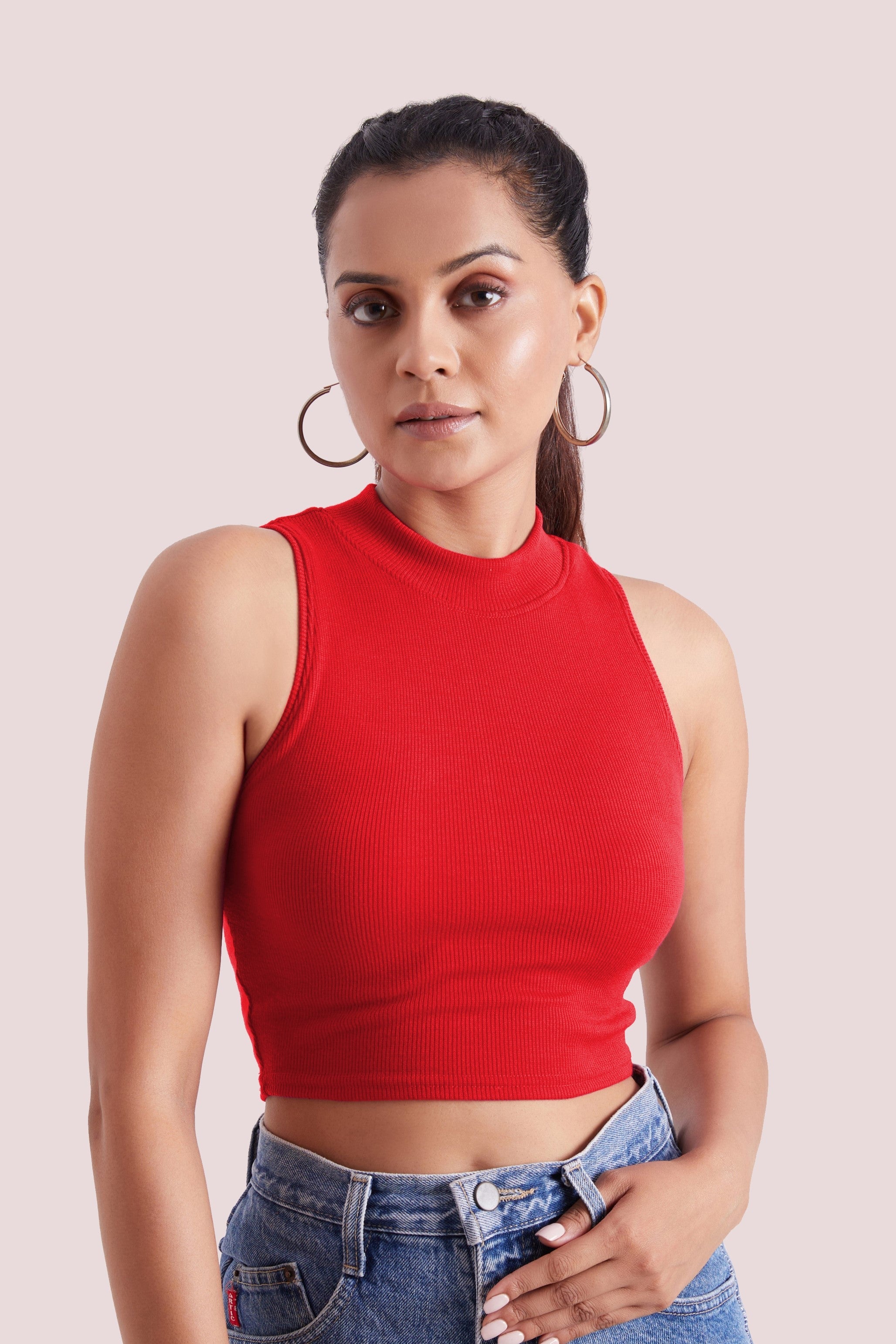 Red Ribbed High Neck Sleeveless Crop Top