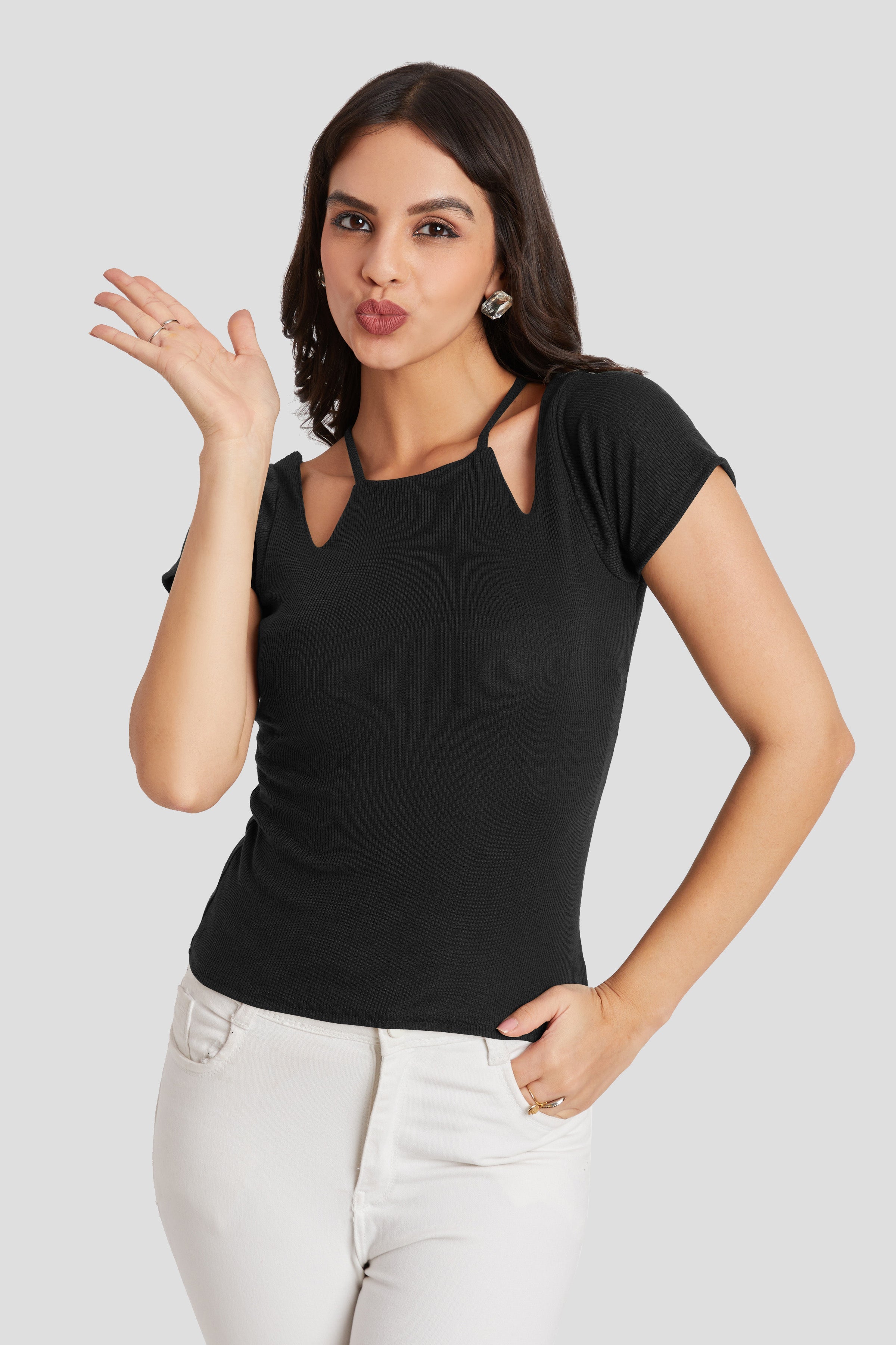 Midnight Black Ribbed Cutout Top