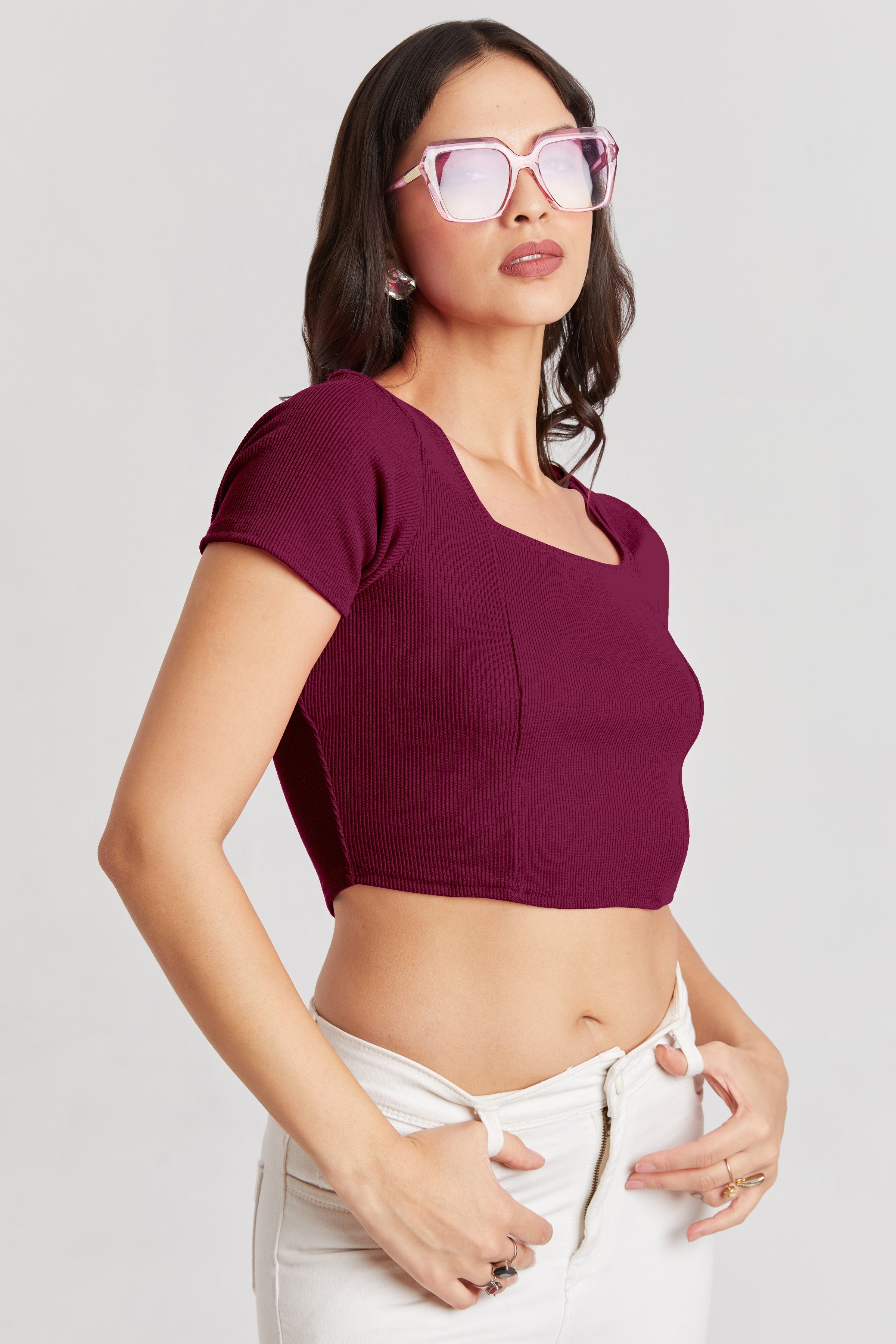 Wine Ribbed Square Neck Crop Top