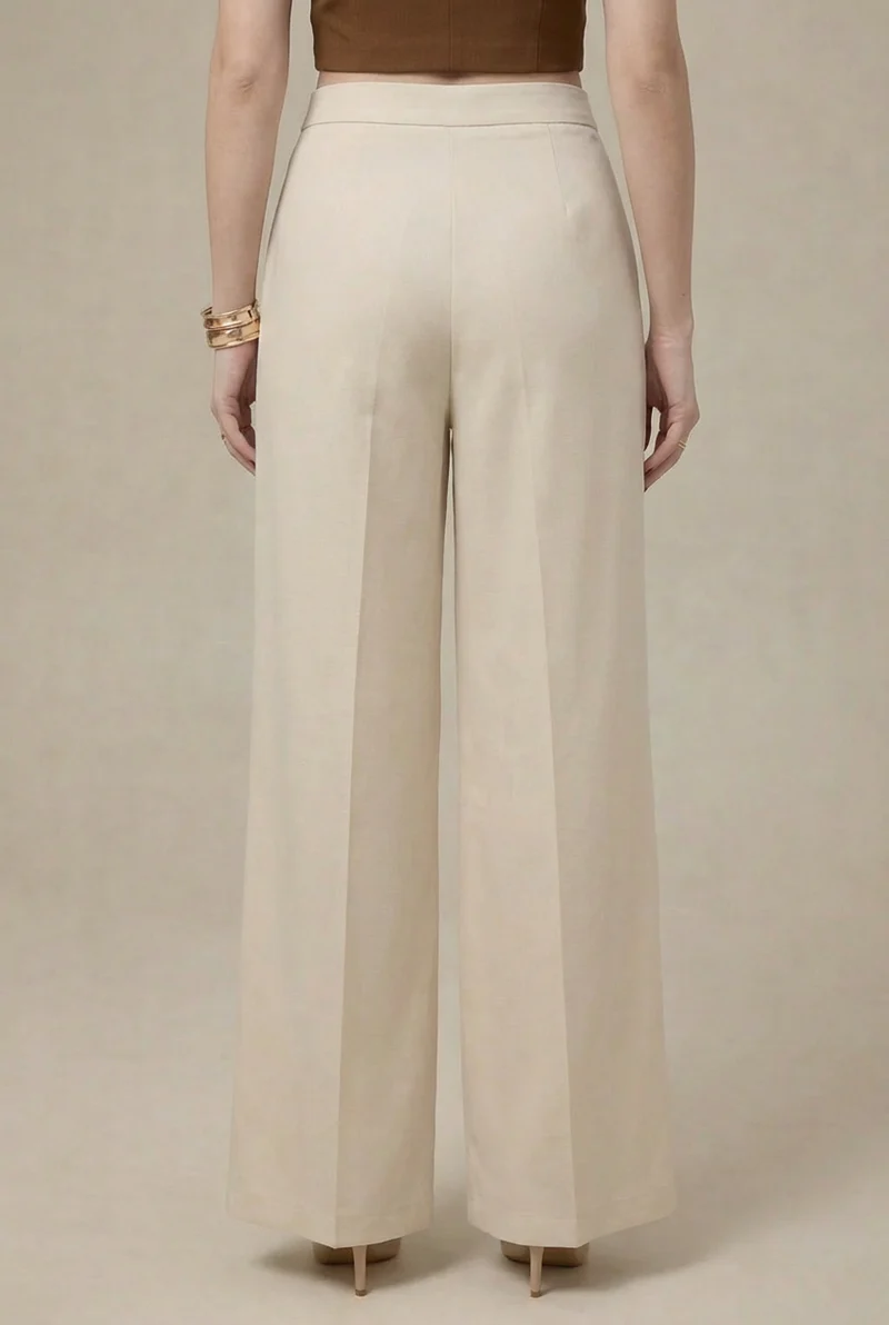 Beige High-Waist Wide Leg Trousers