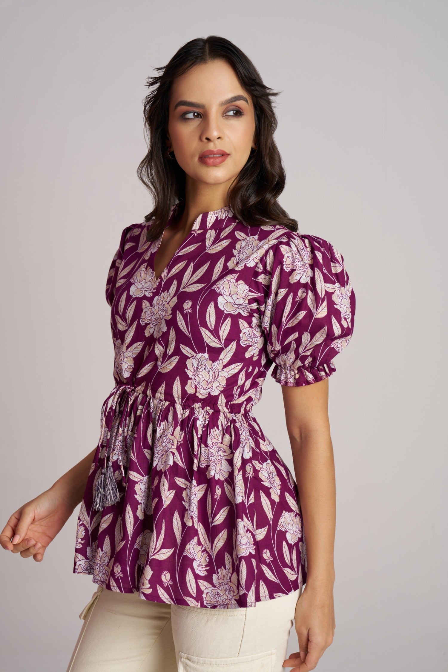 Plum Bloom Puff Sleeve Peplum Top