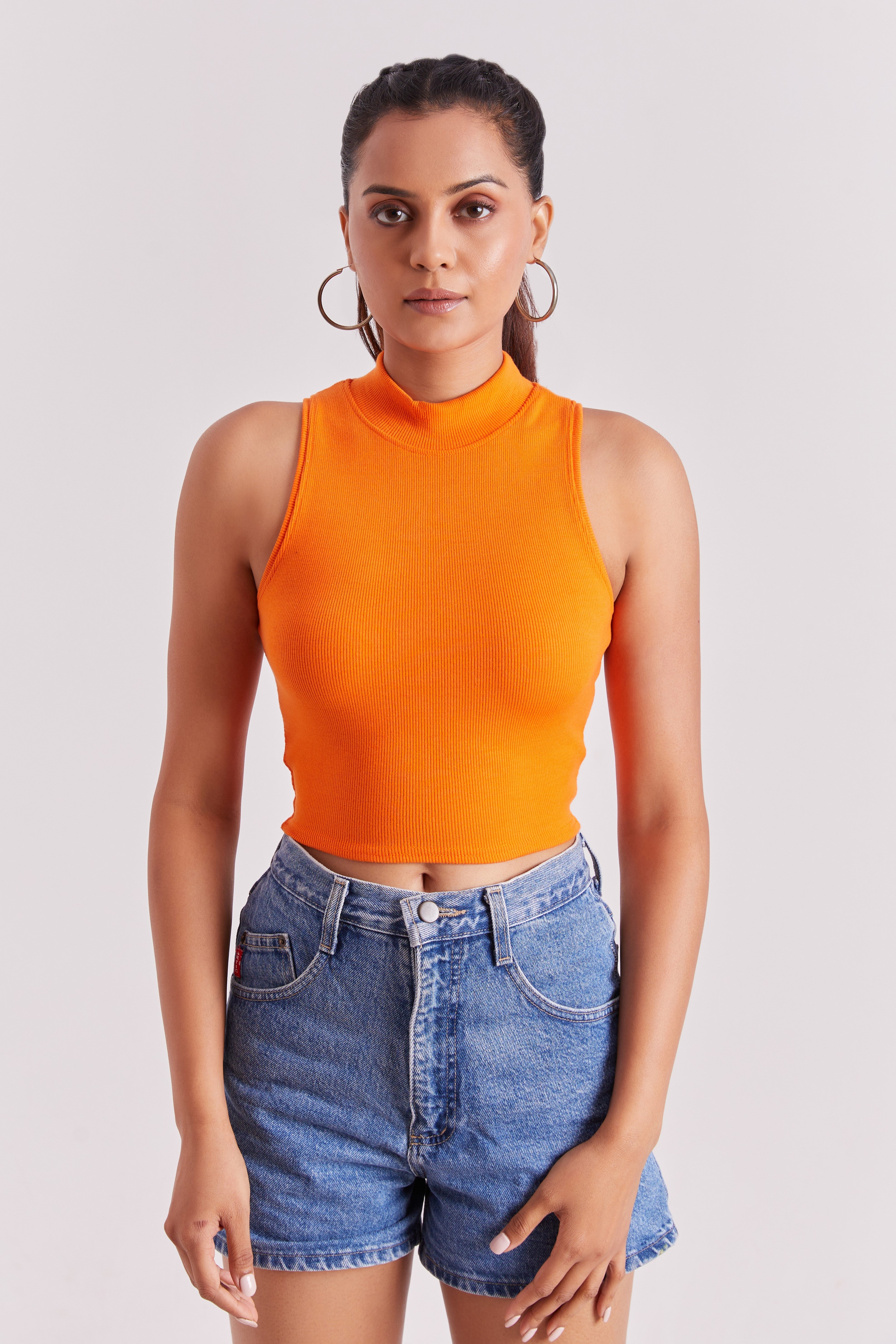 Orange Ribbed High Neck Sleeveless Crop Top