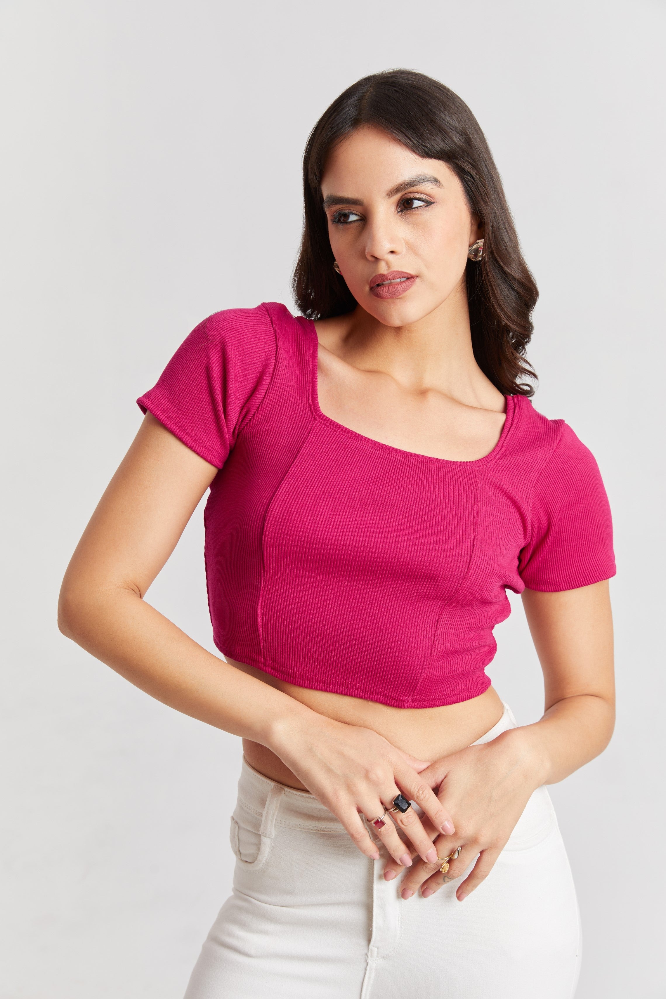 Pink Ribbed Square Neck Crop Top