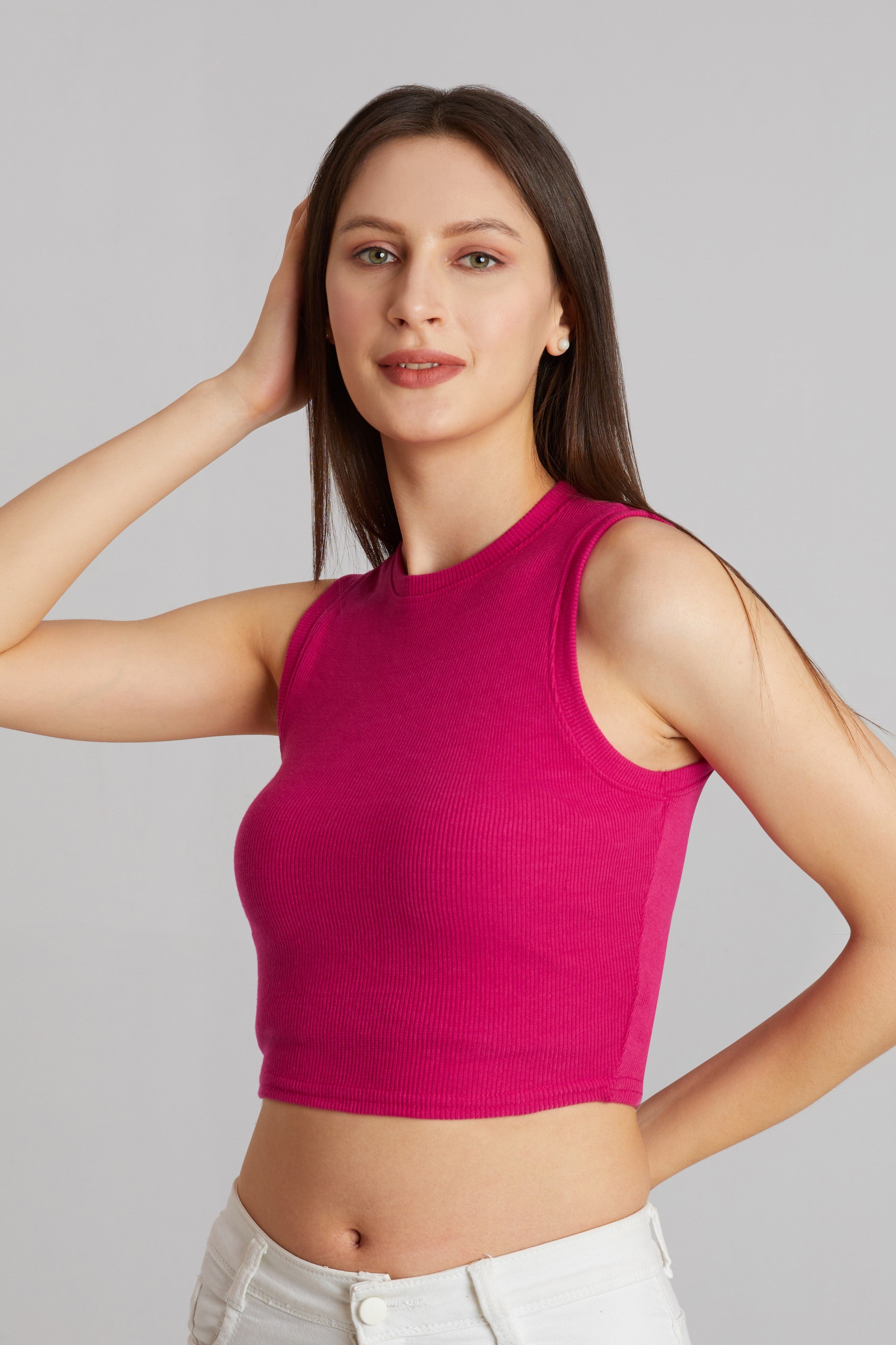 Bold Hot Pink Ribbed Sleeveless Crop Top