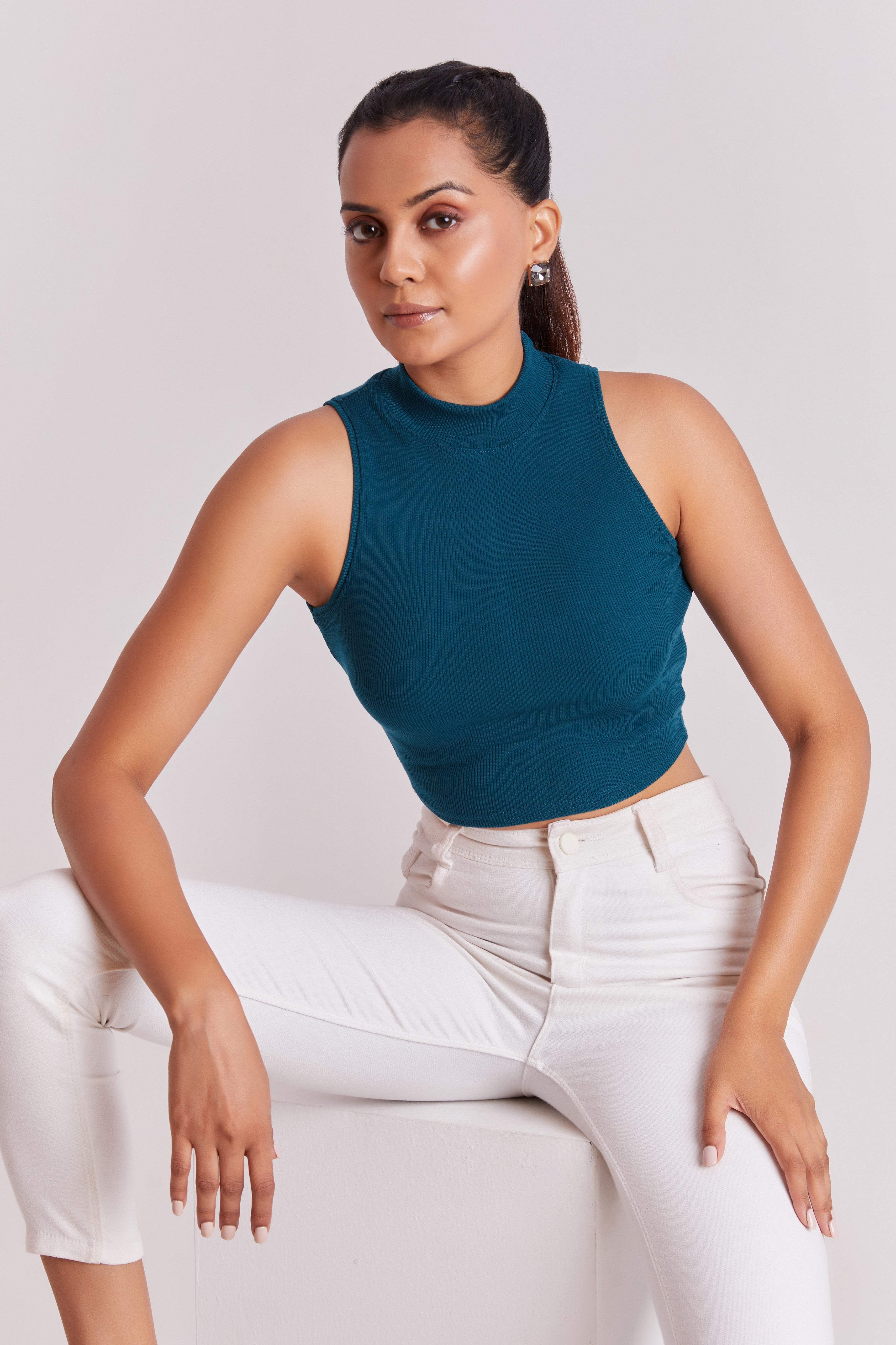 Teal Green Ribbed High Neck Sleeveless Crop Top