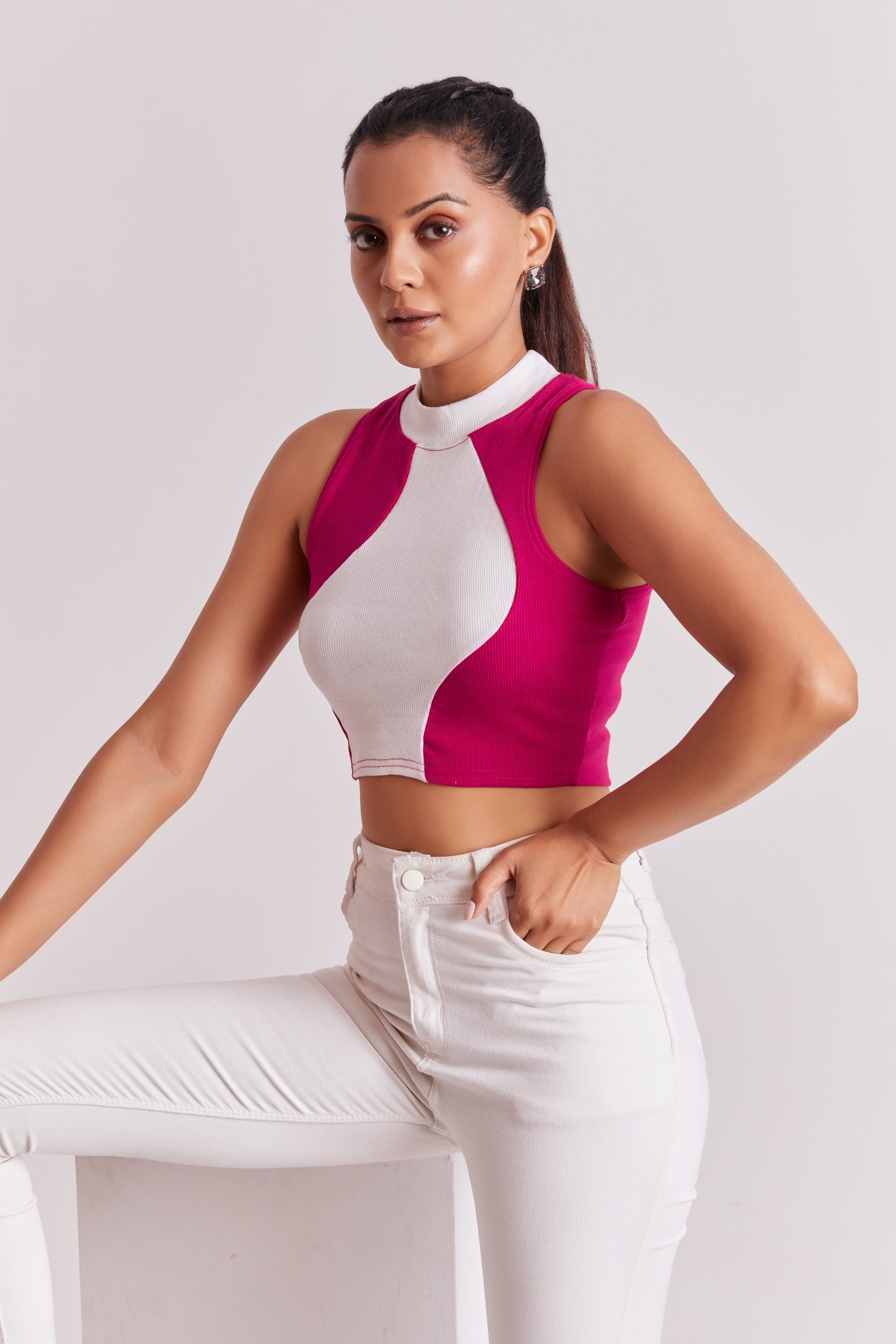 Pink & White Ribbed High Neck Sleeveless Crop Top