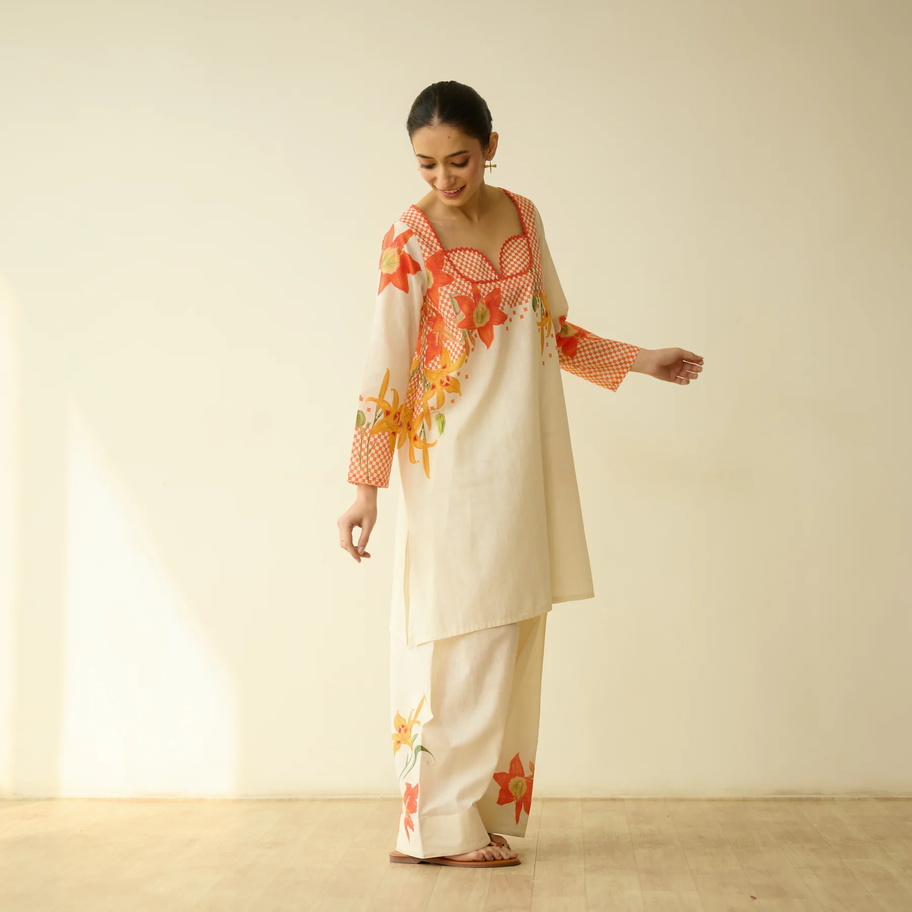 Cream Floral Printed Kurta & Palazzo Set
