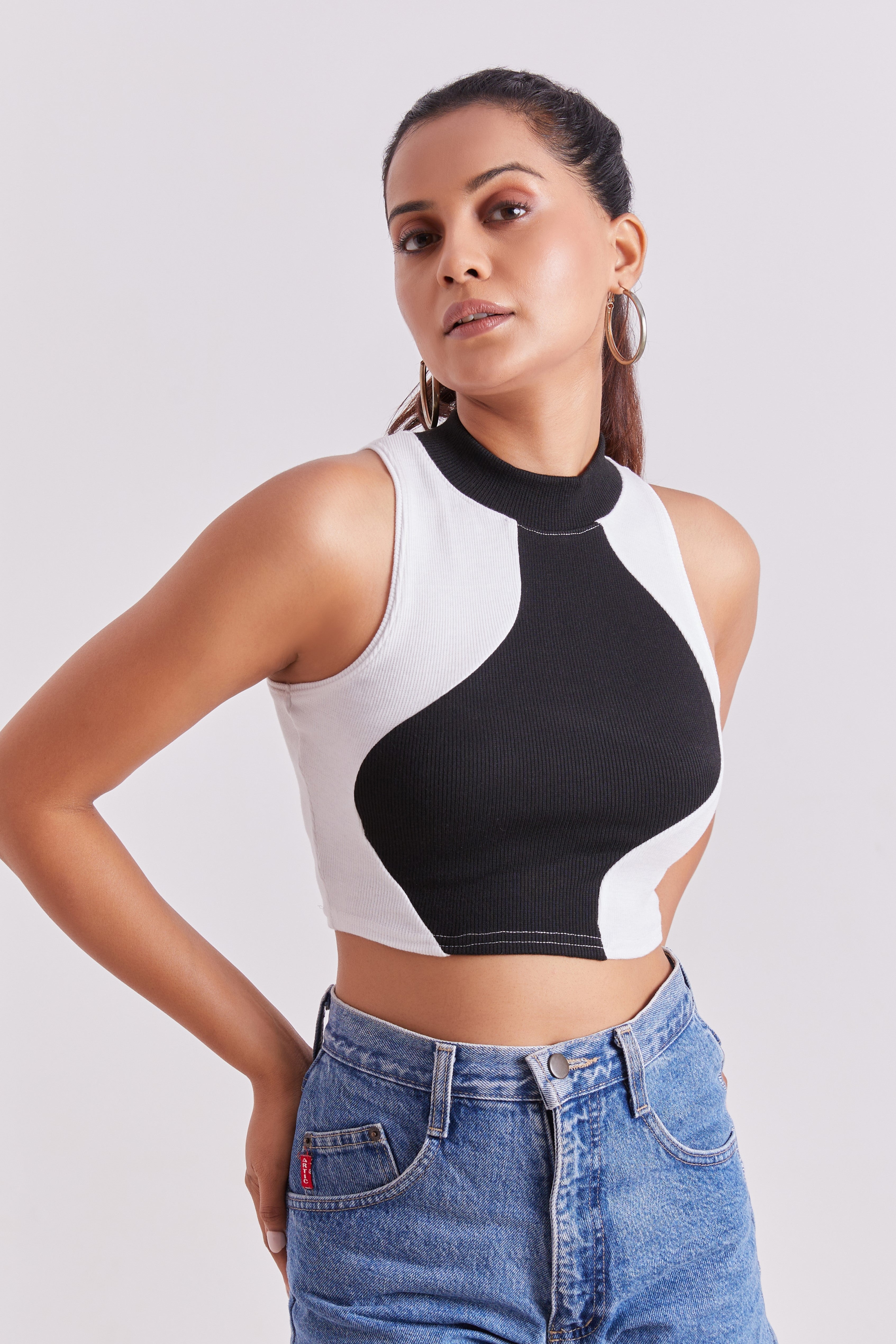 White & Black Ribbed High Neck Sleeveless Crop Top