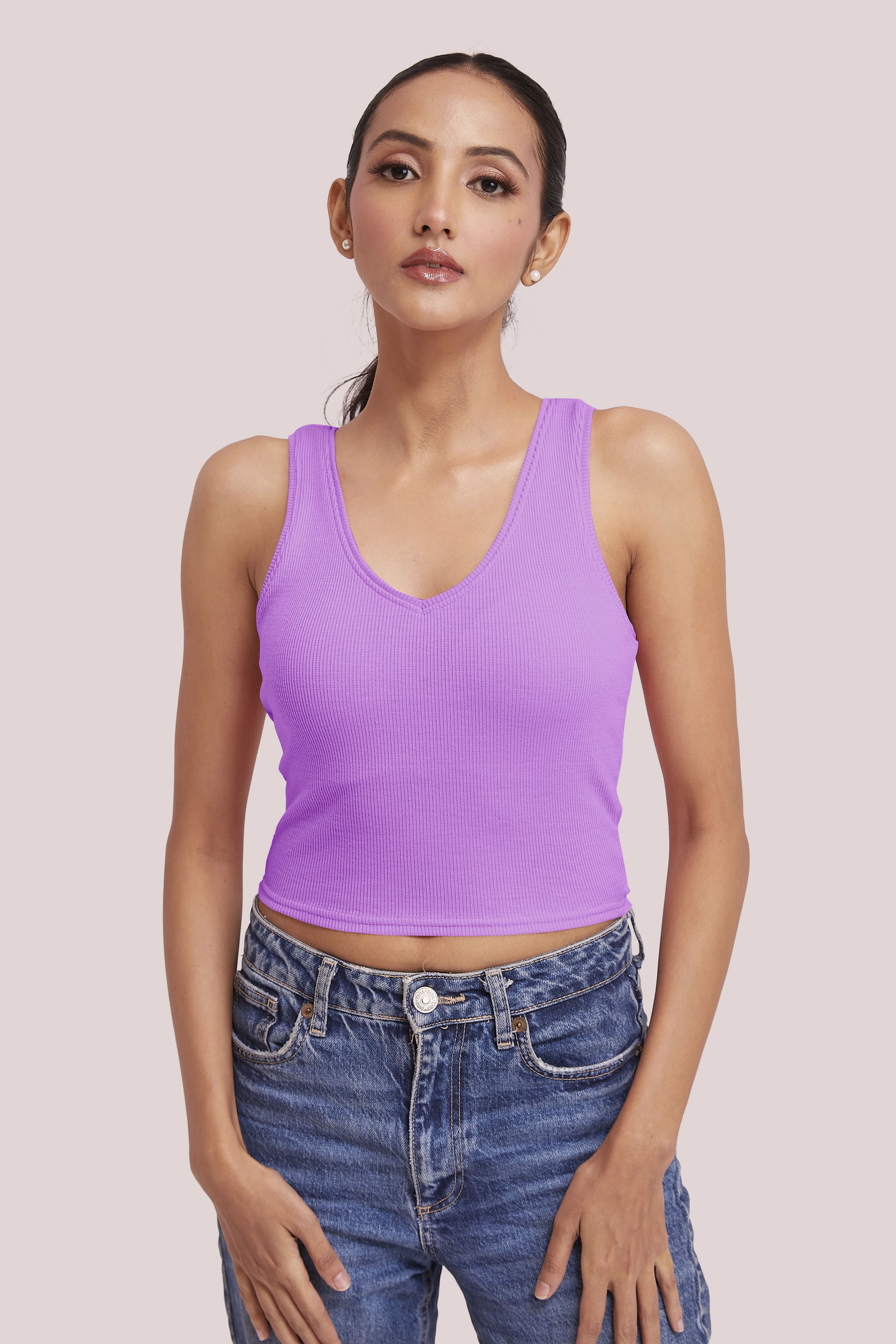 Lavender Ribbed Scoop Neck Sleeveless Crop Top