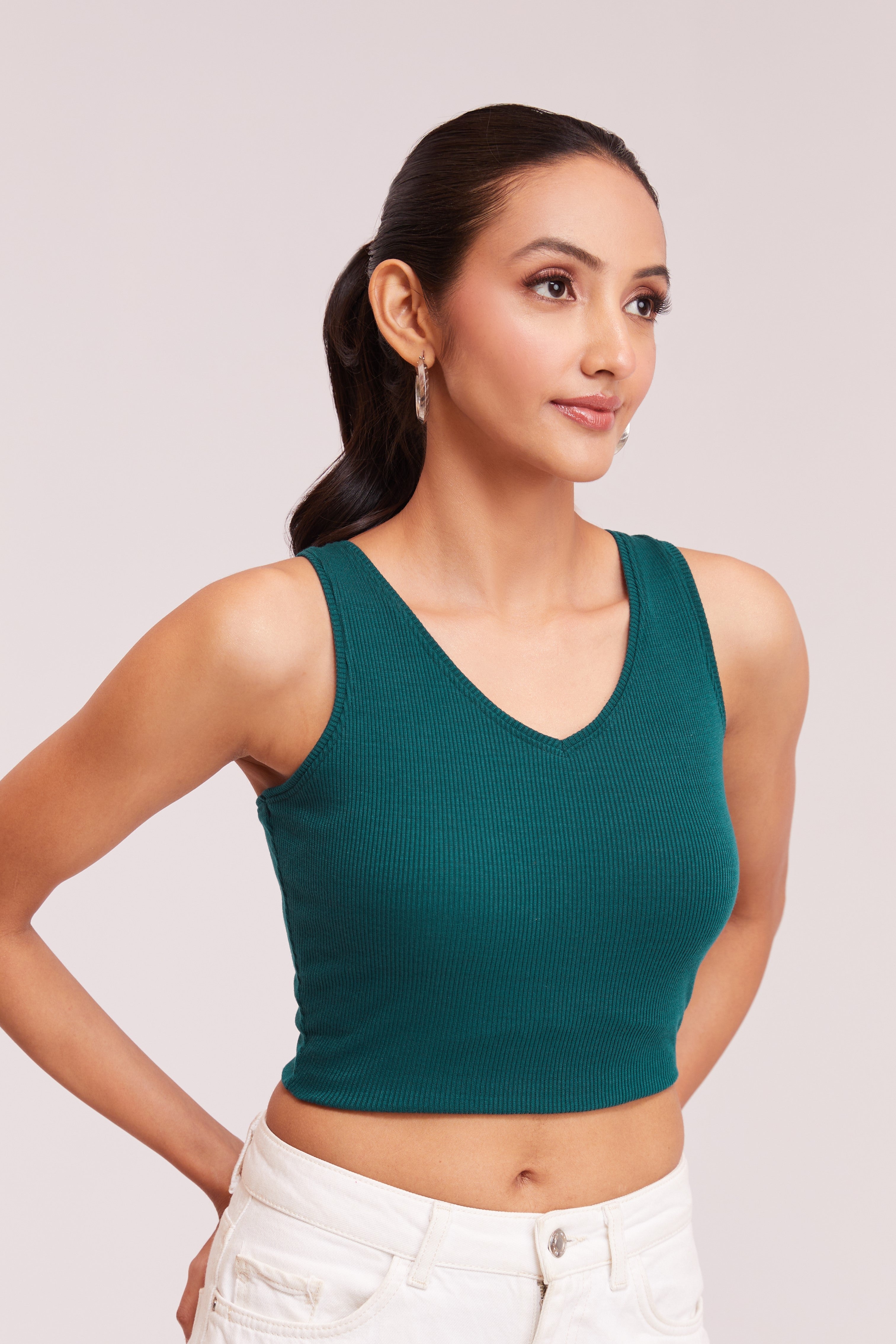 Tail Green Ribbed V-Neck Sleeveless Crop Top