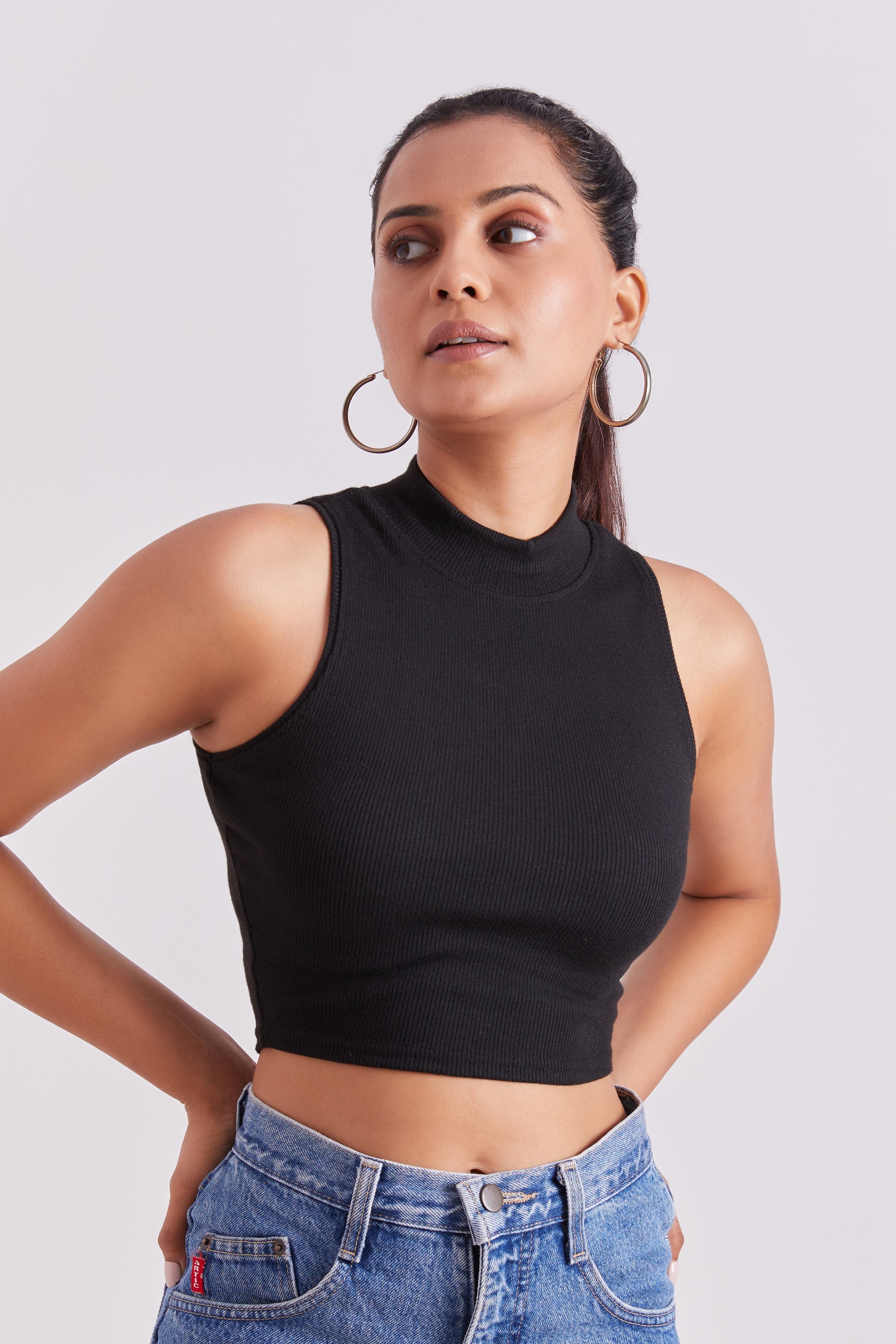 Black Ribbed High Neck Sleeveless Crop Top
