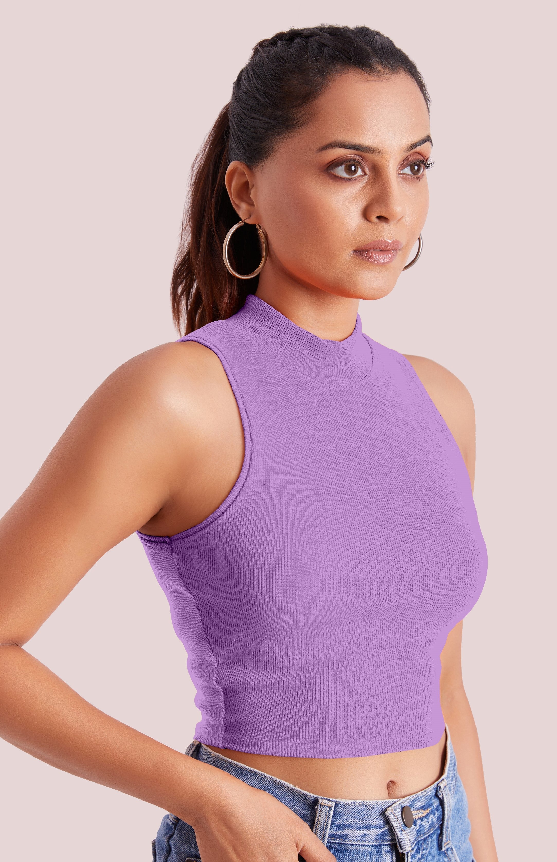 Levander Ribbed High Neck Sleeveless Crop Top