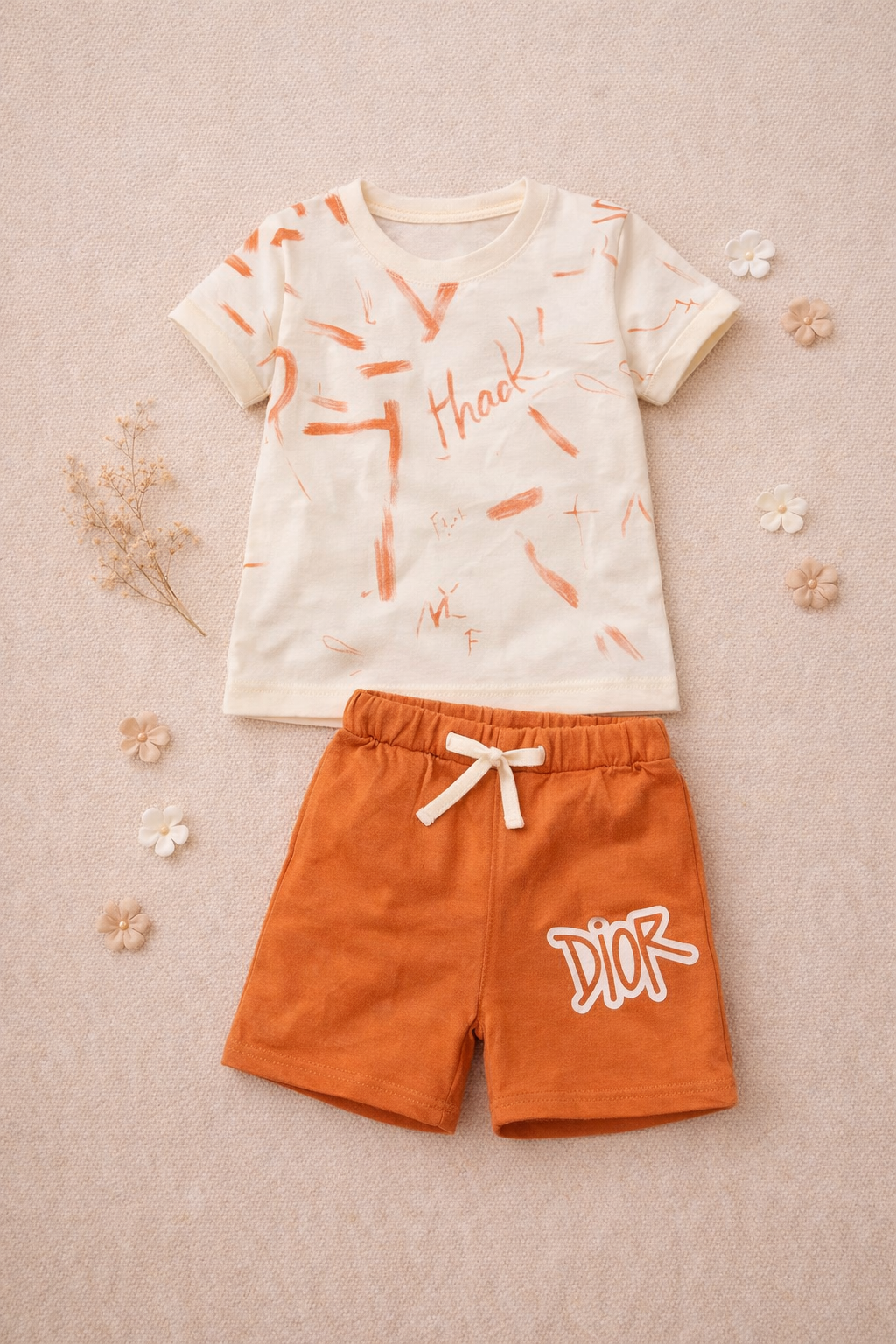 Kids Cream & Olive Green Co-ord Set with Printed Shorts