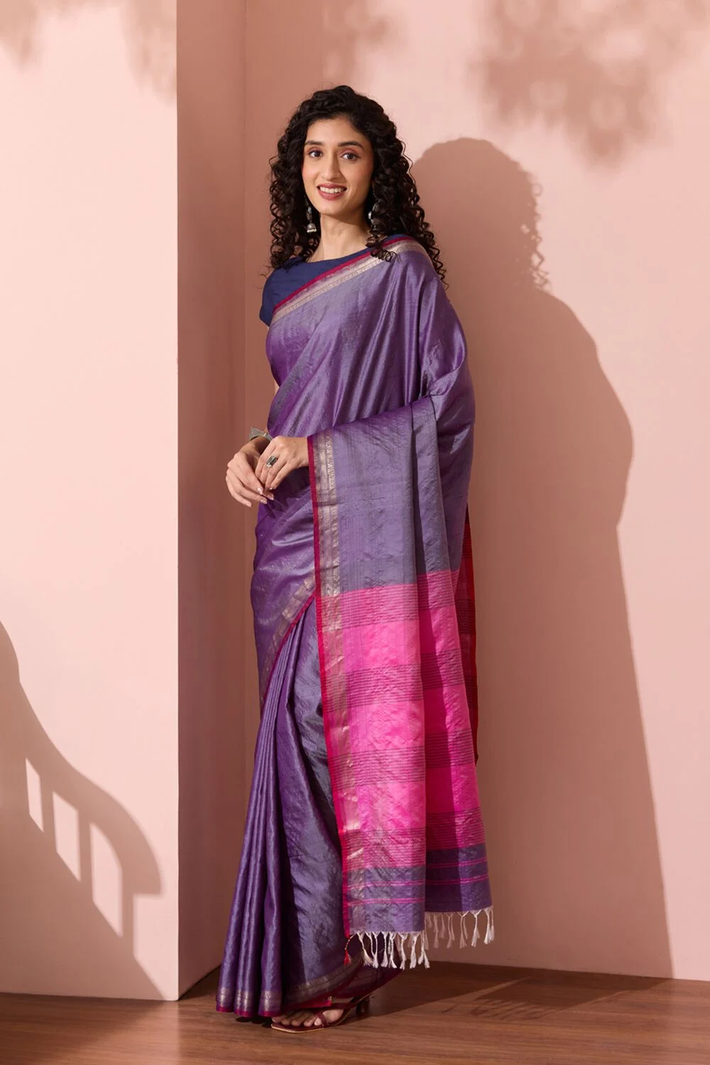 Royal Purple Silk Saree with Contrast Pink Zari Border
