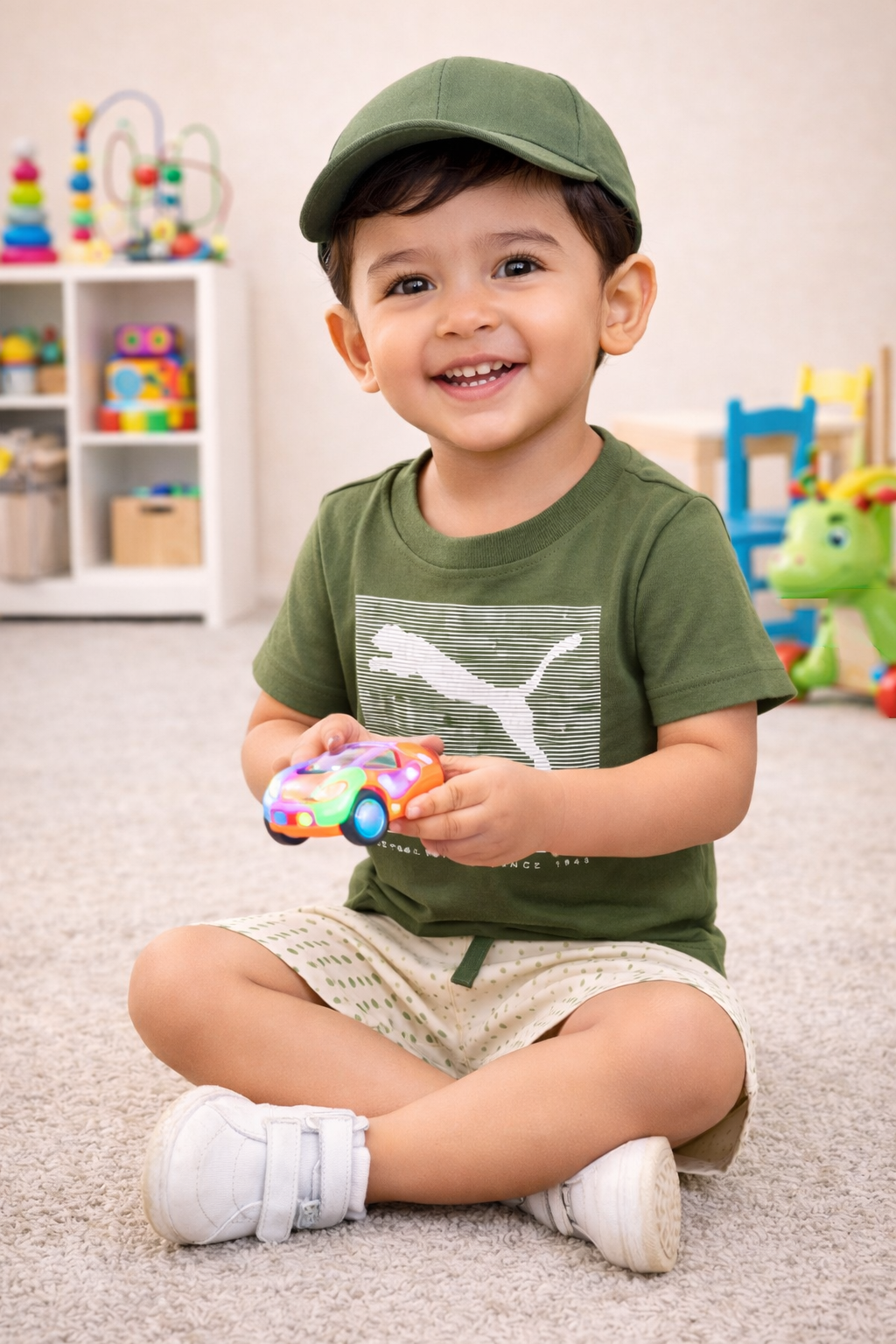 Olive Green Graphic T-Shirt with Printed Shorts Set