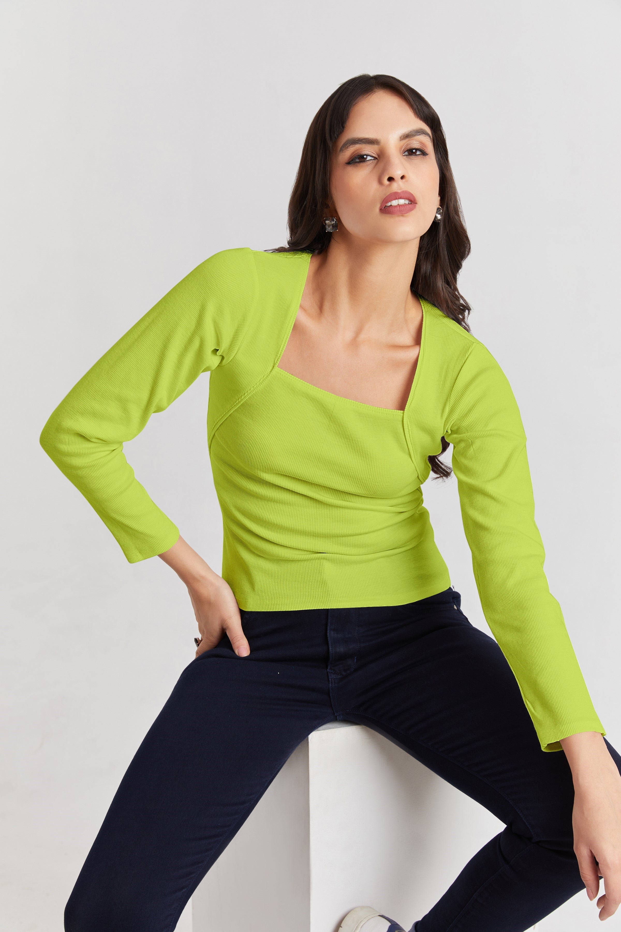 Black Ribbed Square Neck Top