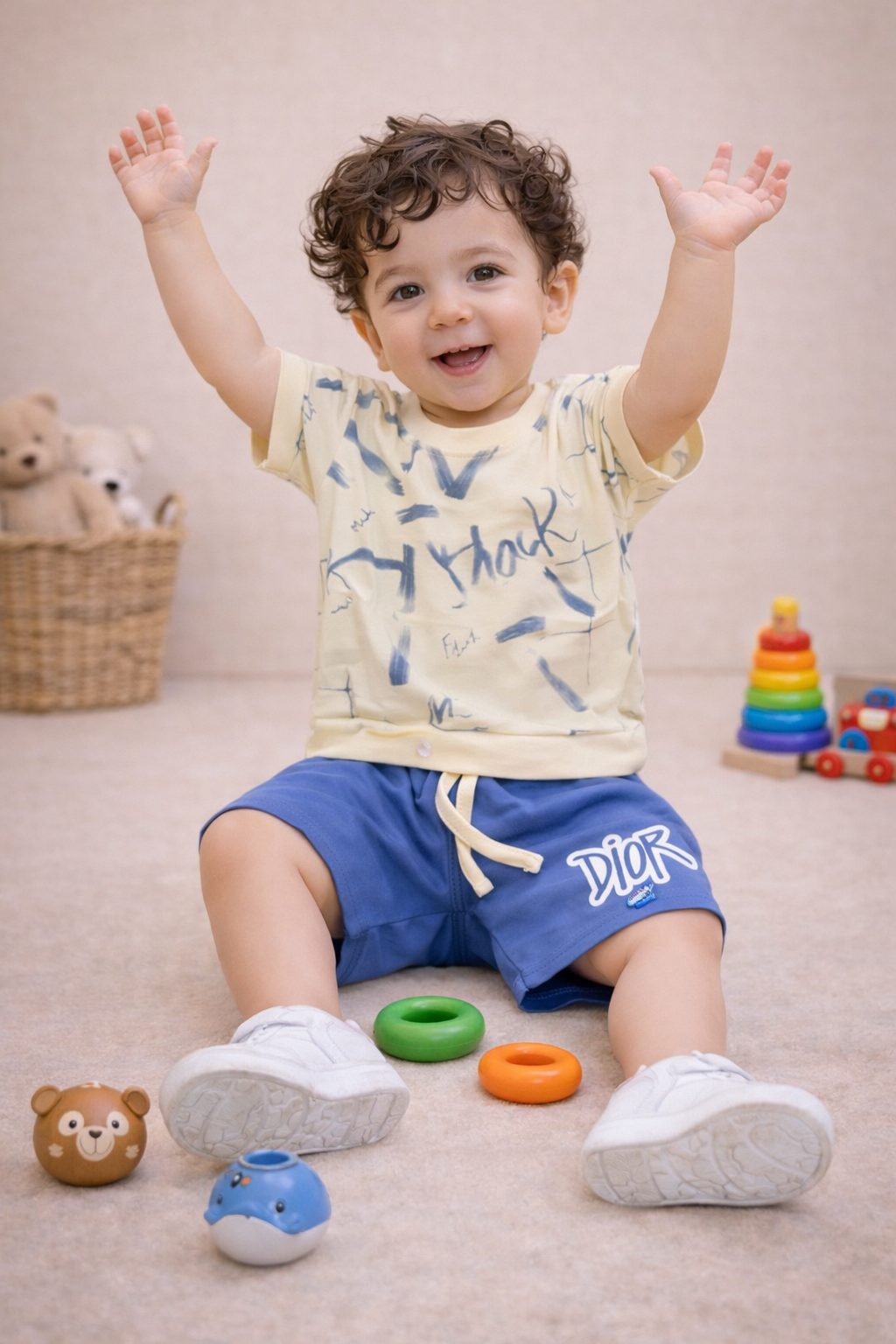 Kids Cream & Royal Blue Co-ord Set with Printed Shorts
