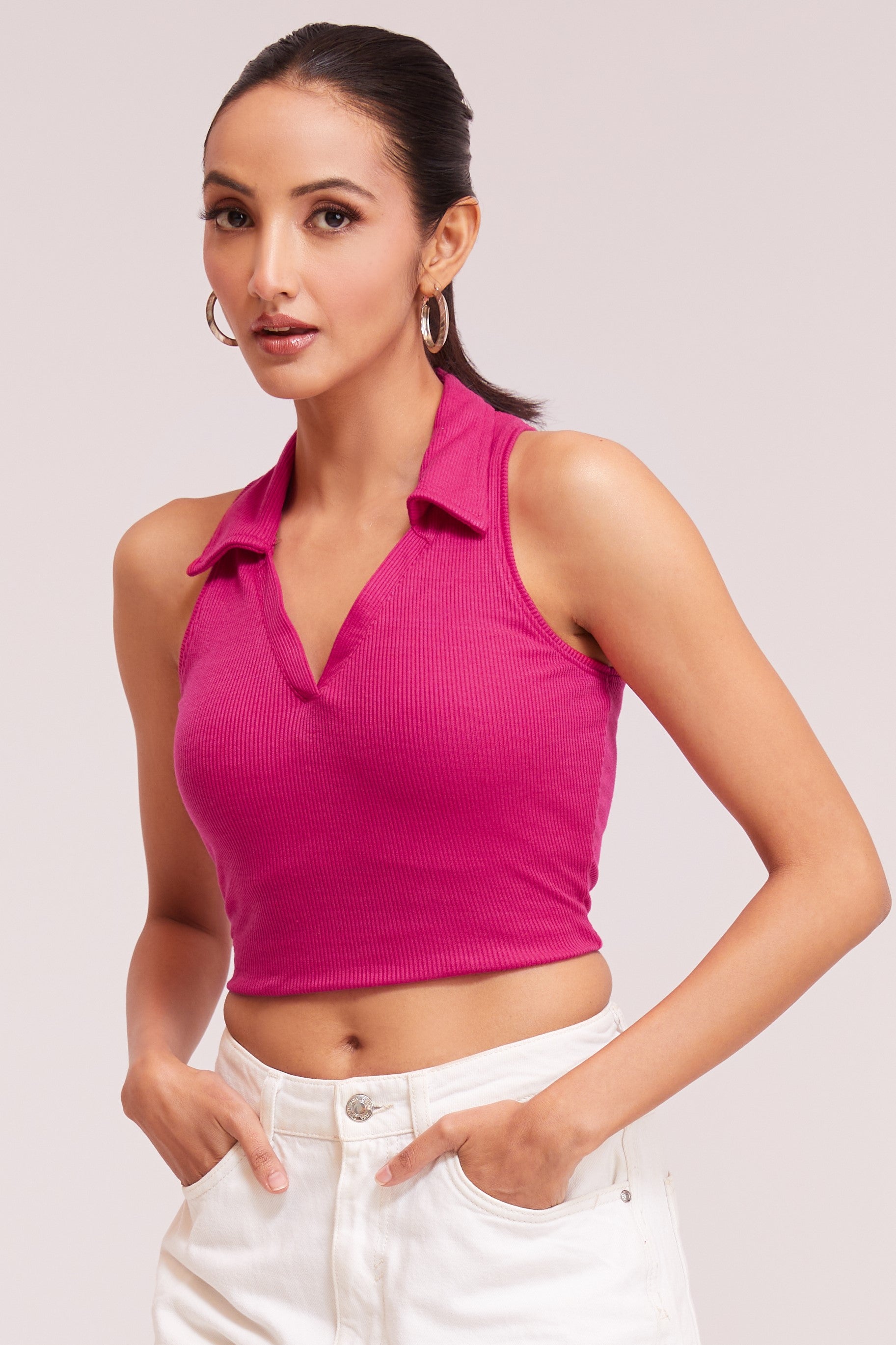 Pink-Ribbed Collared Sleeveless Crop Top