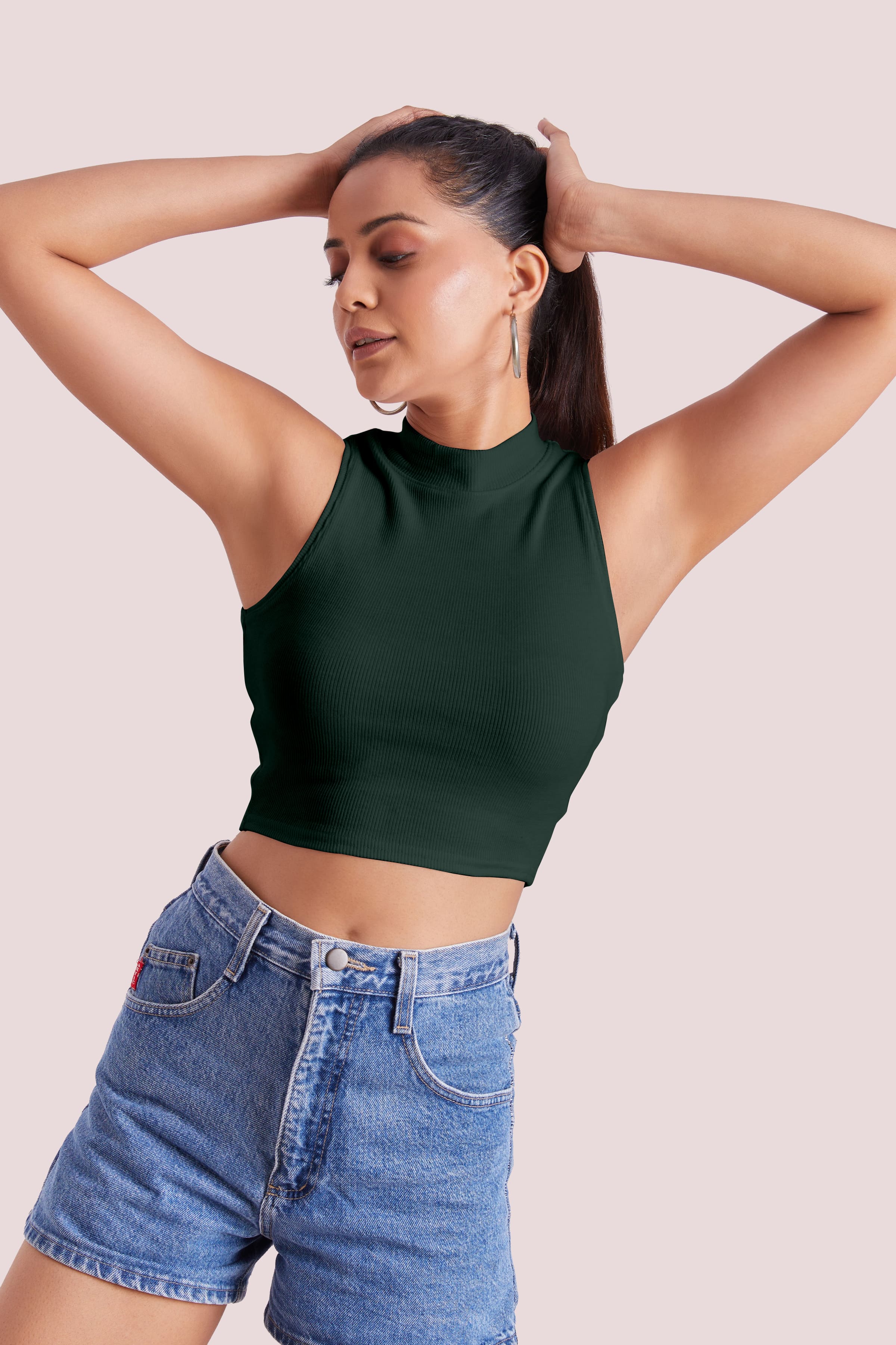 Forest Green Ribbed High Neck Sleeveless Crop Top