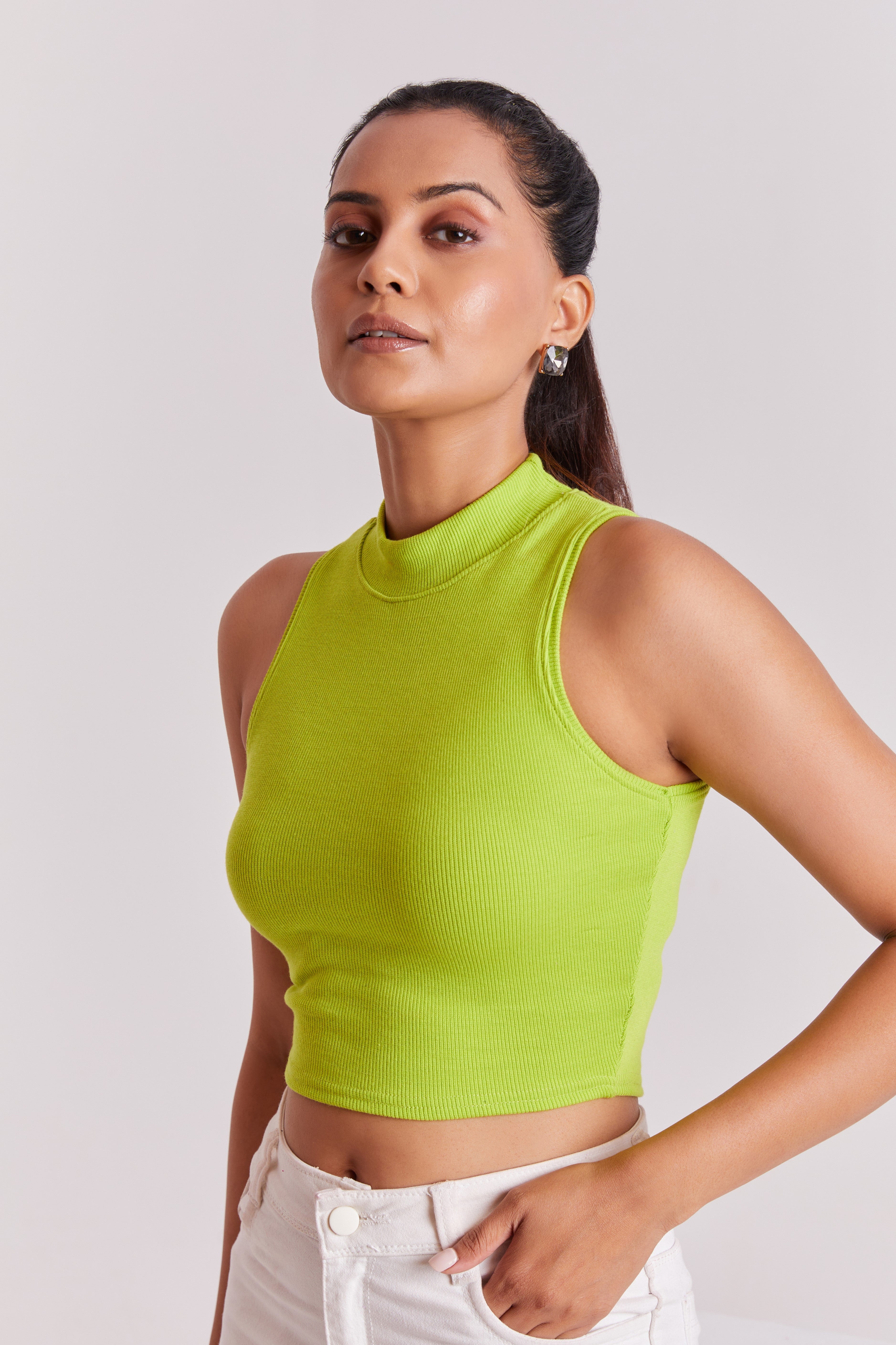 Neon Ribbed High Neck Sleeveless Crop Top
