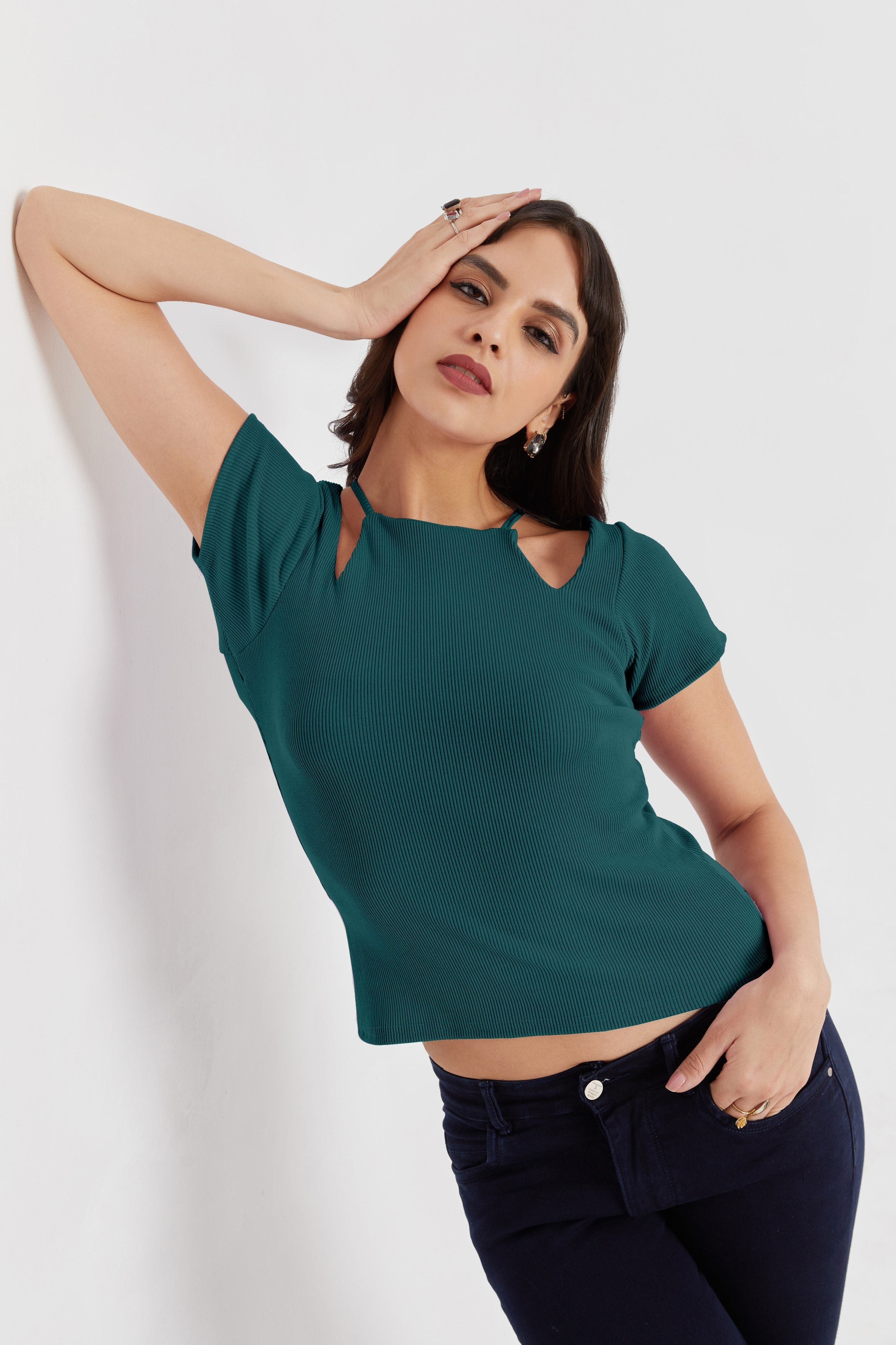 Midnight Tail Green Ribbed Cutout Top