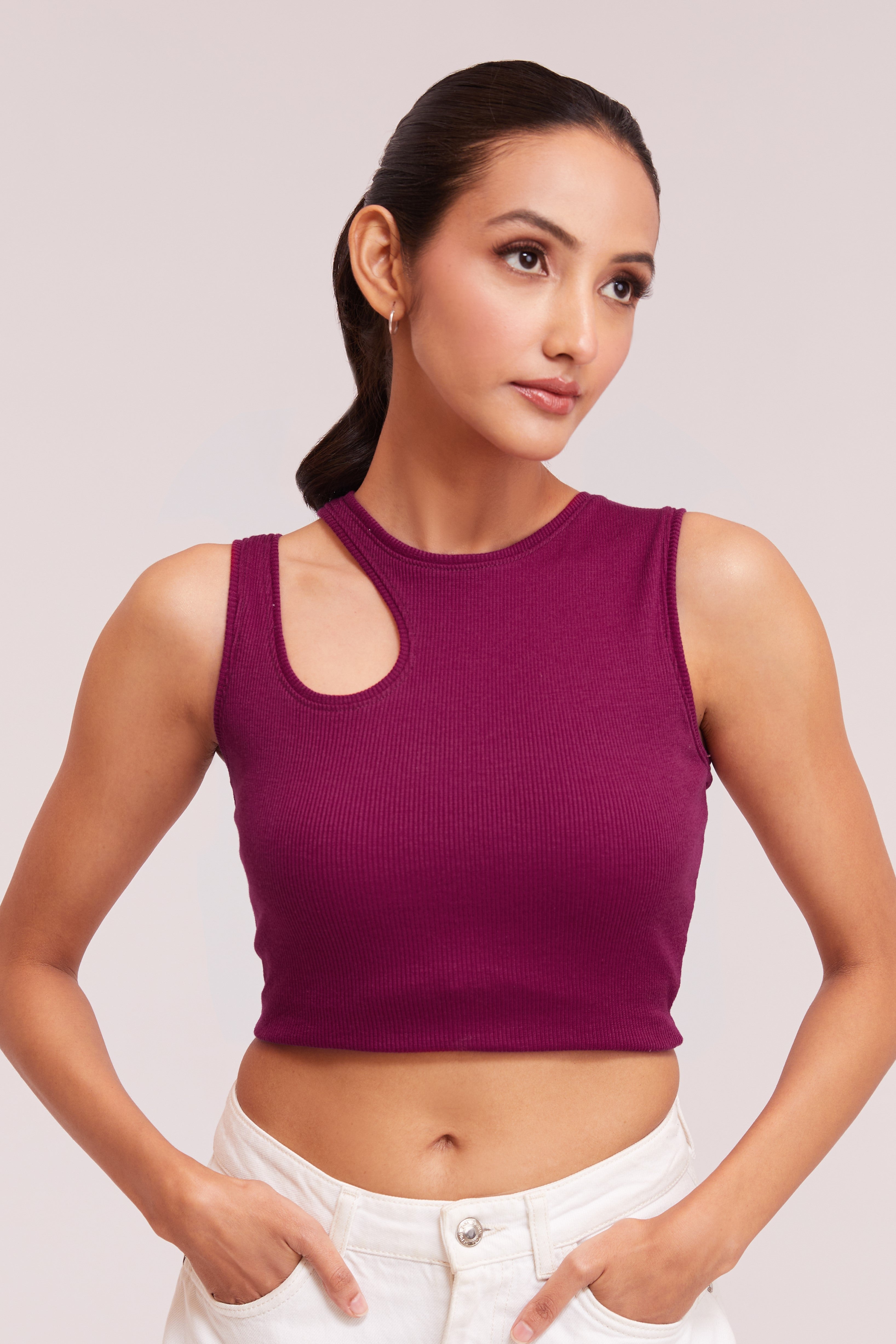 Orange & White-Ribbed Sleeveless Cut-Out Tank Top
