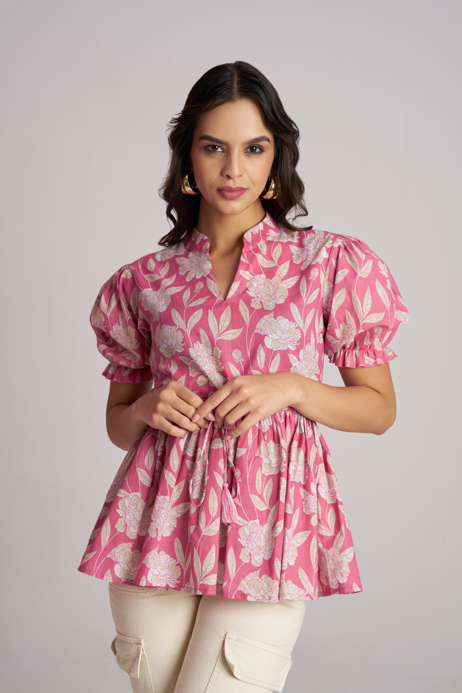 Olive Bloom Puff Sleeve Peplum Top