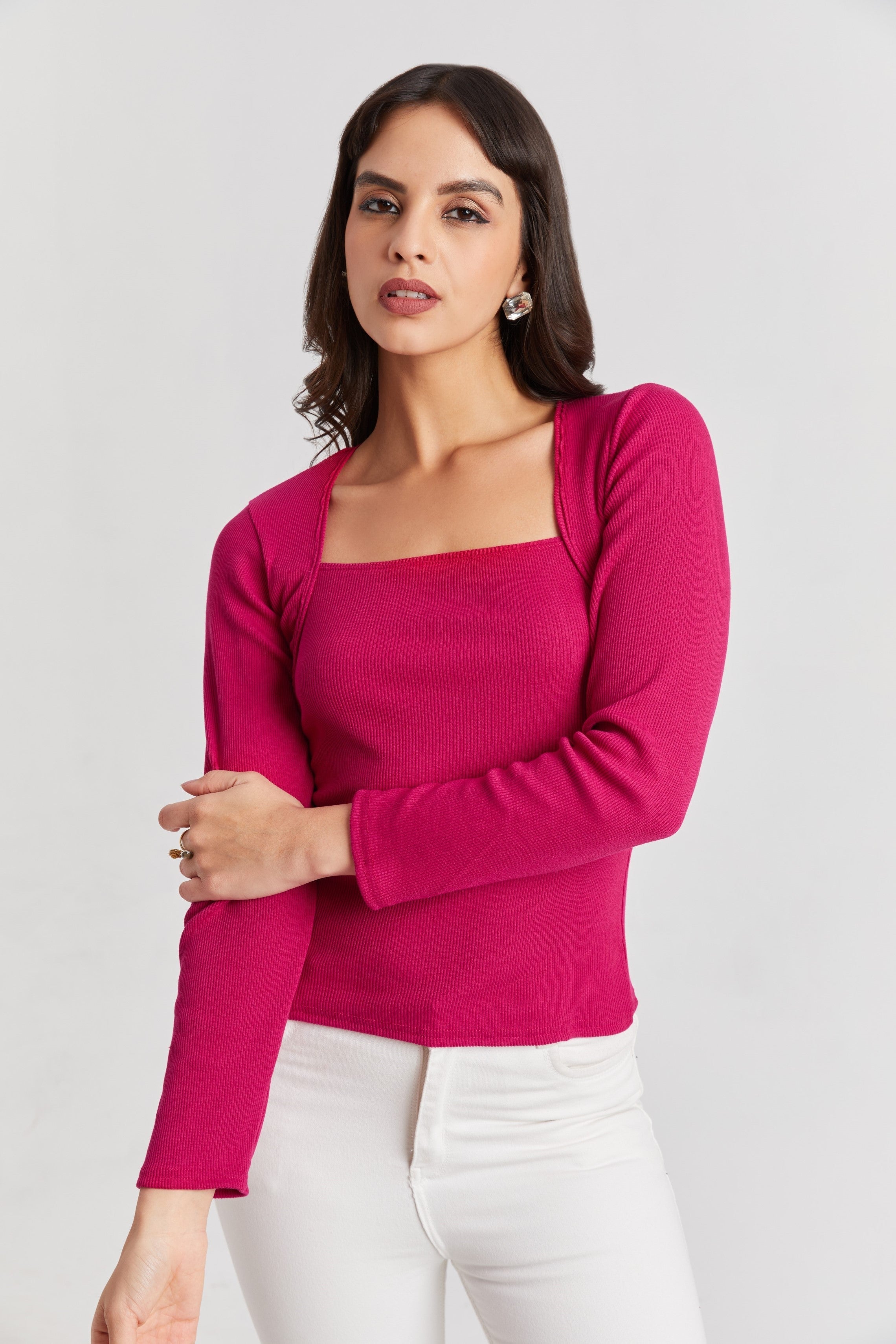 Pink Ribbed Square Neck Top