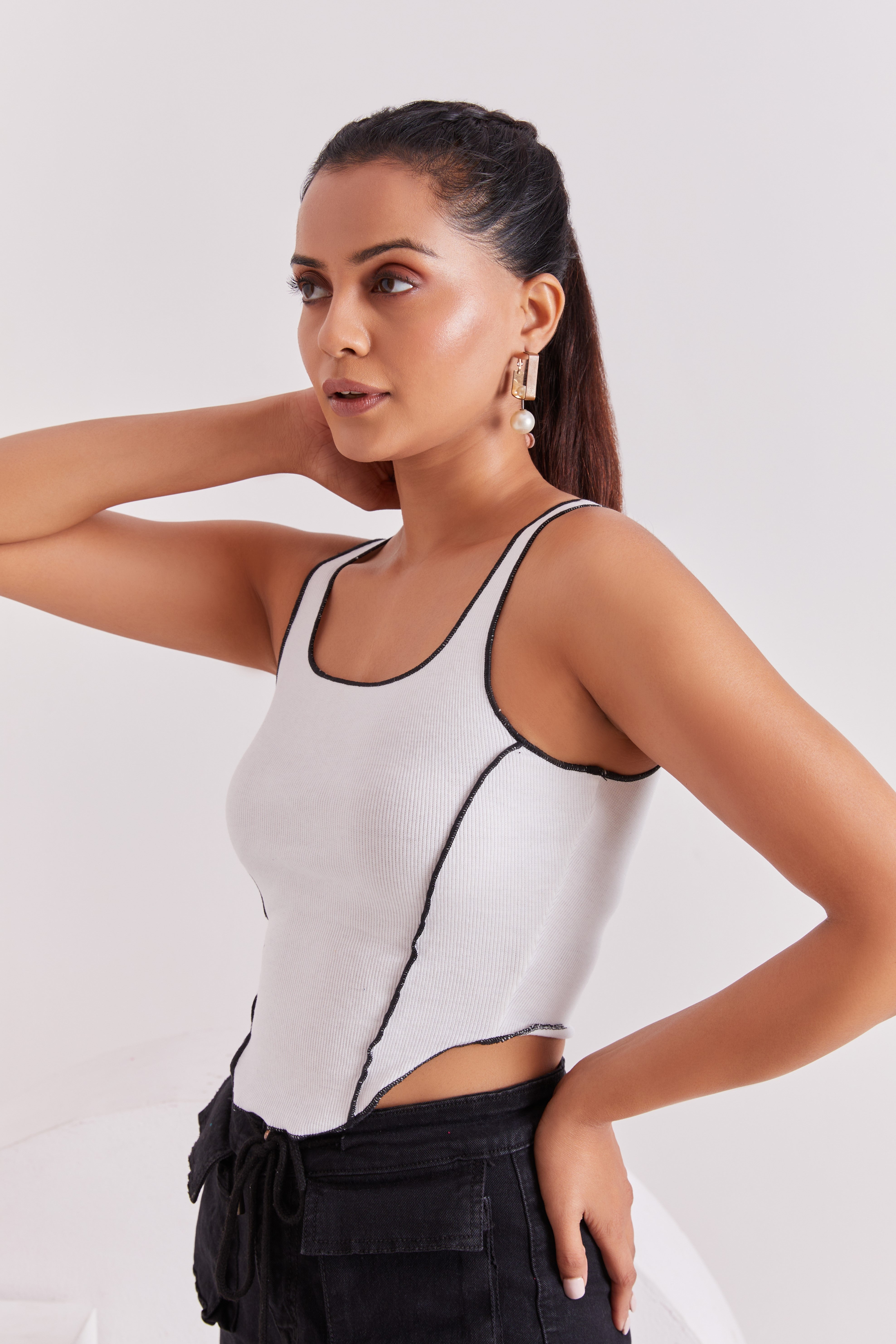 White Contrast Stitch Tank Top