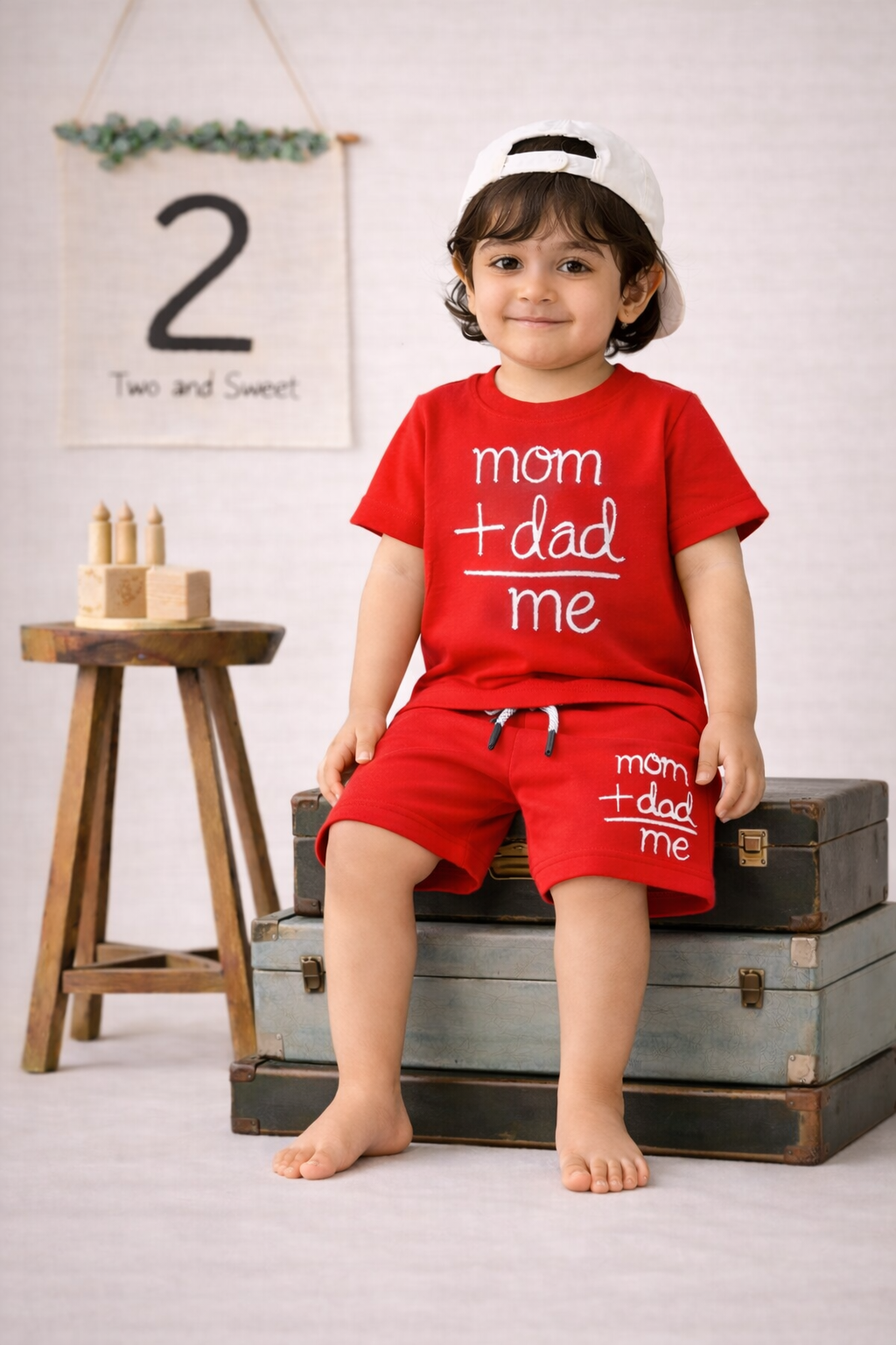 Kids Cotton Co-ord Set – Mom + Dad = Me Print | Red T-shirt & Shorts Set