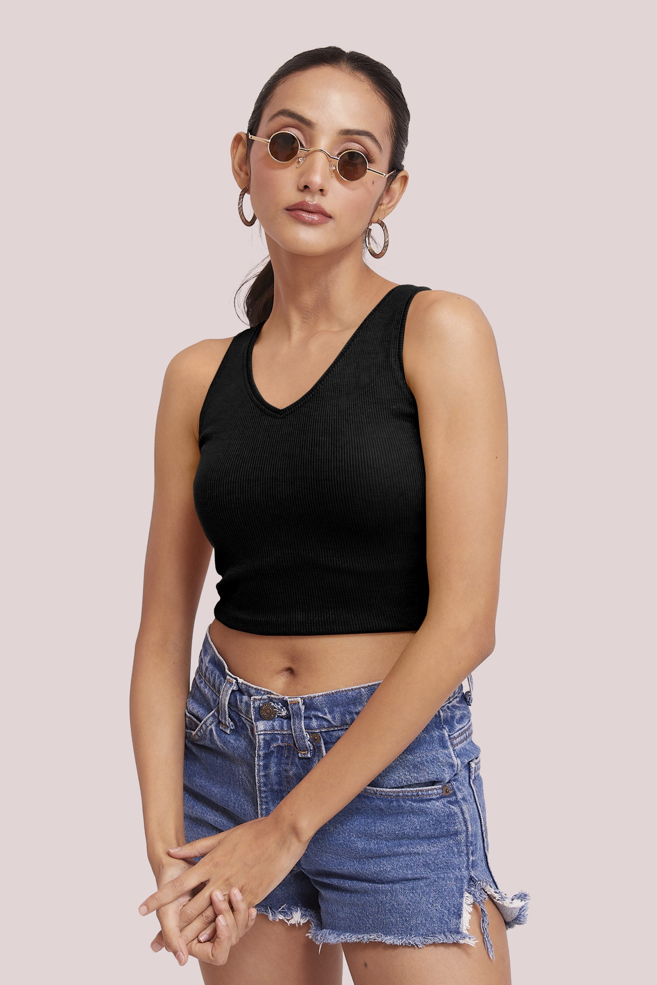 Black Ribbed Scoop Neck Sleeveless Crop Top