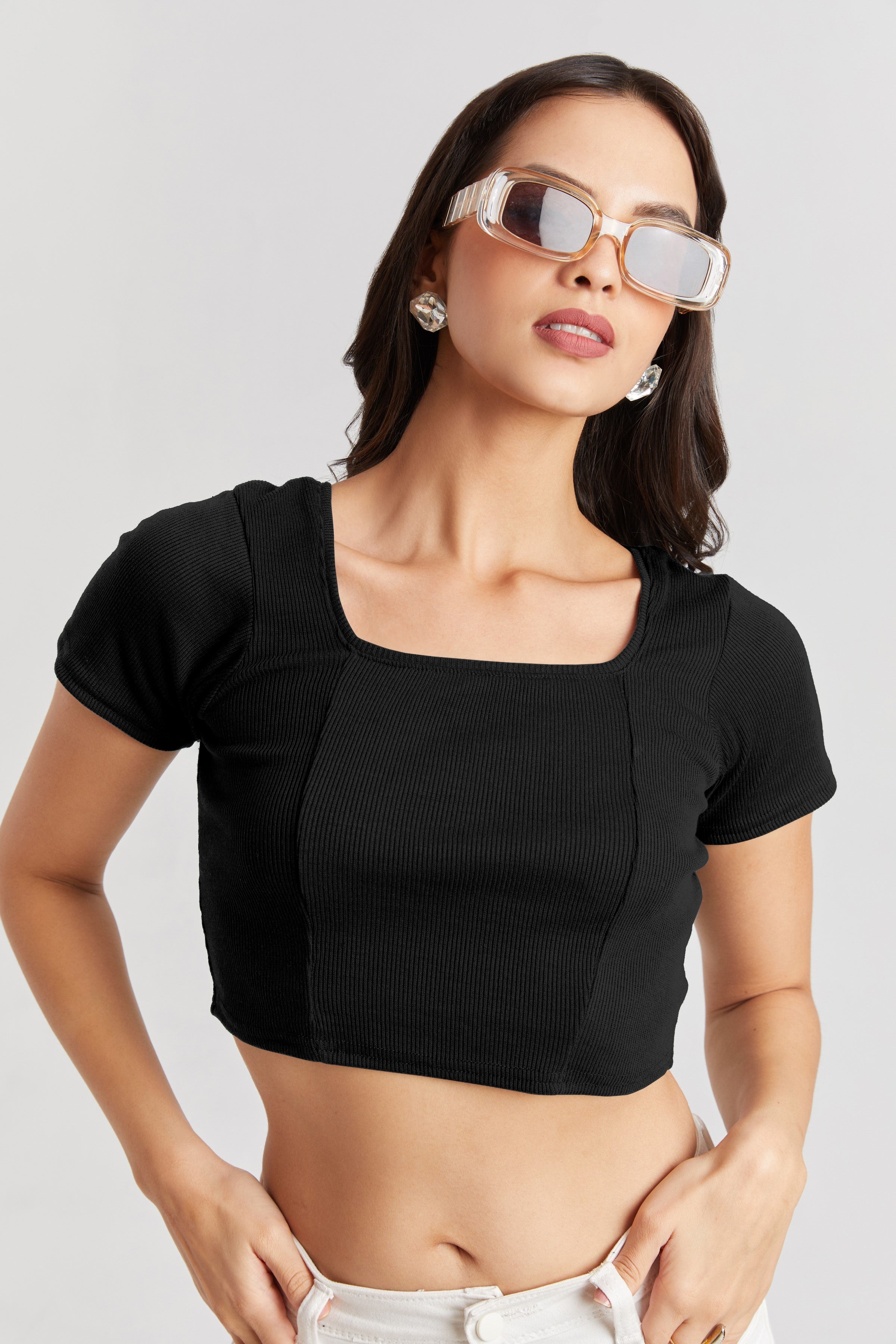 Black Ribbed Square Neck Crop Top