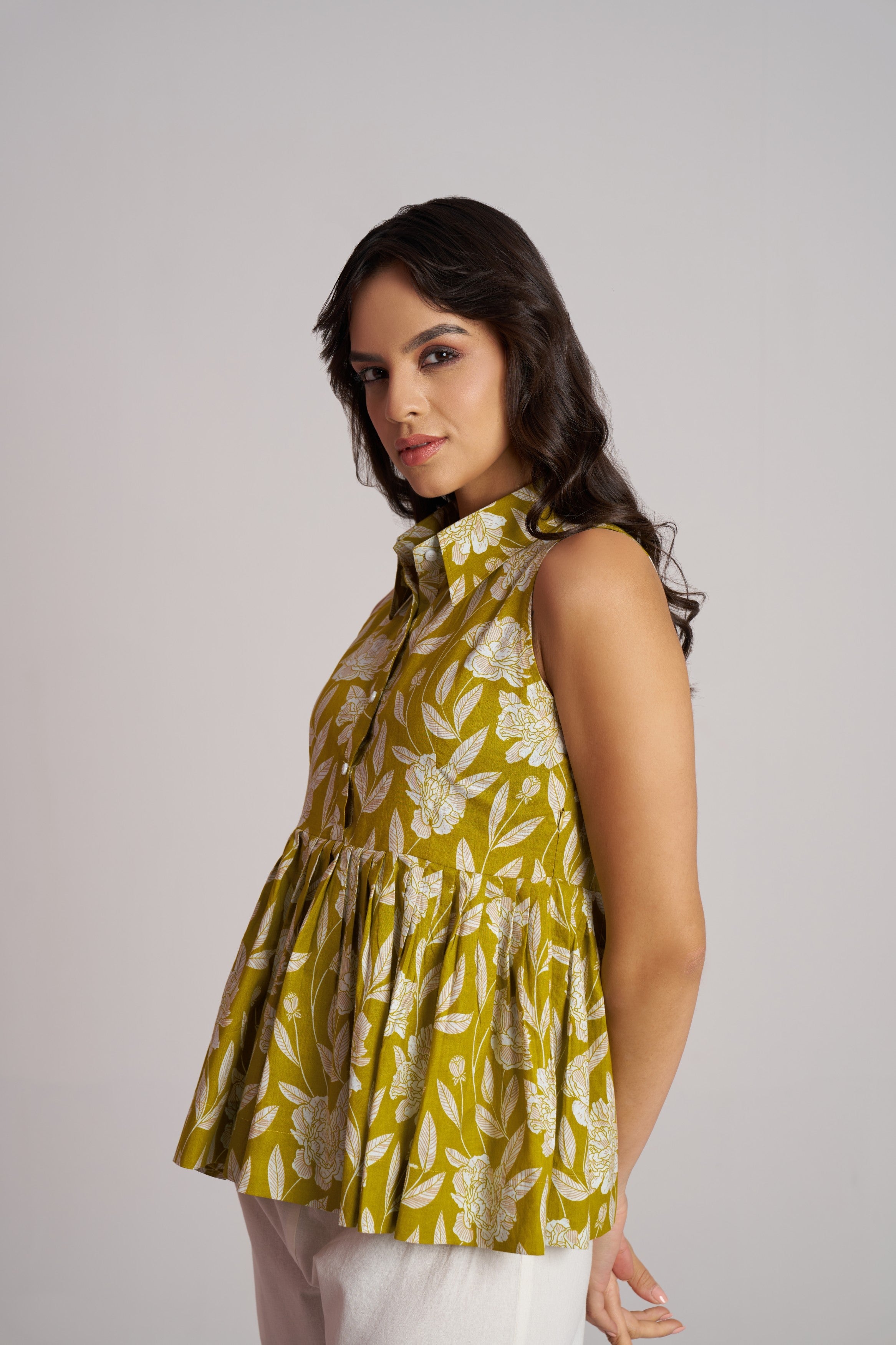Olive Bloom Sleeveless Peplum Top