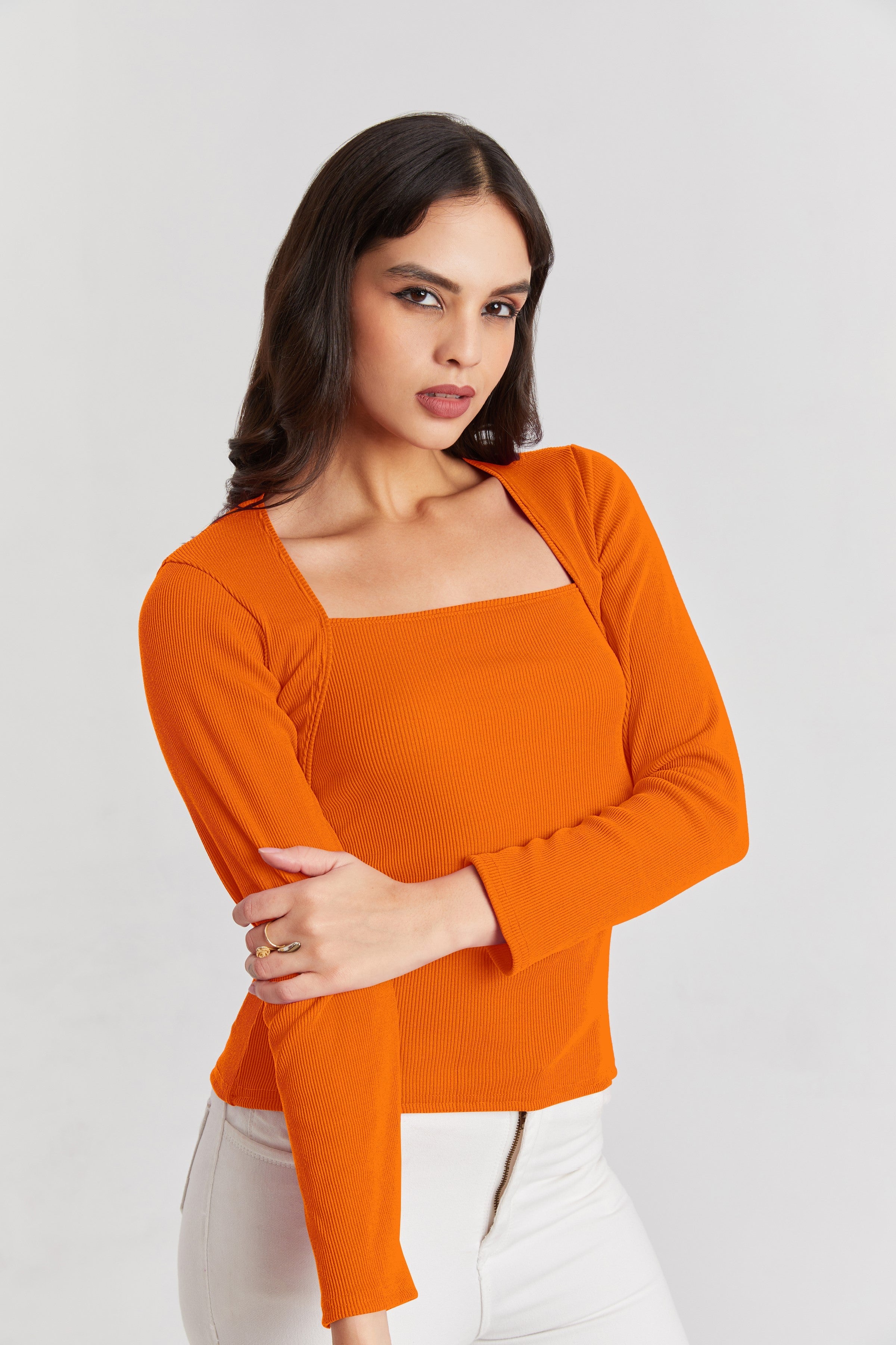 Orange Ribbed Square Neck Top