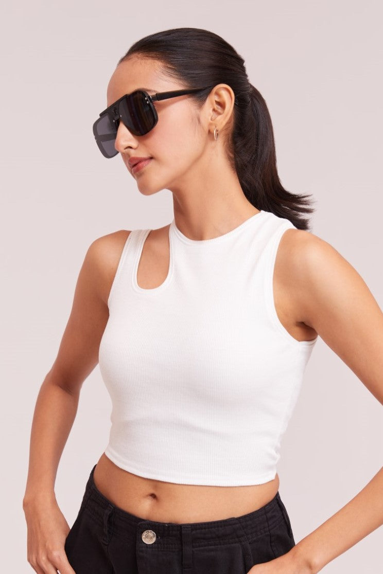 Black-Ribbed Sleeveless Cut-Out Tank Top