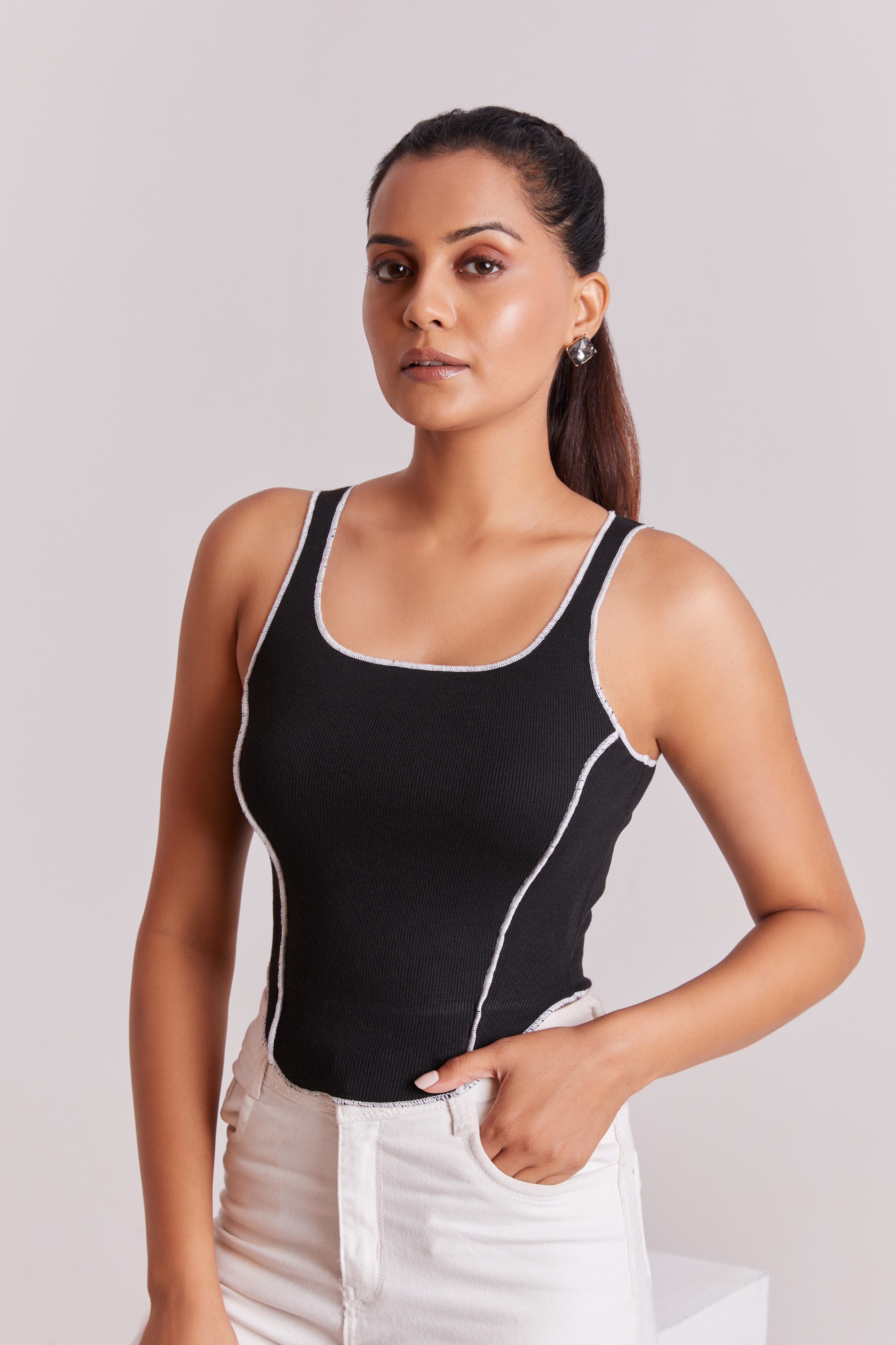 Black Contrast Stitch Tank Top