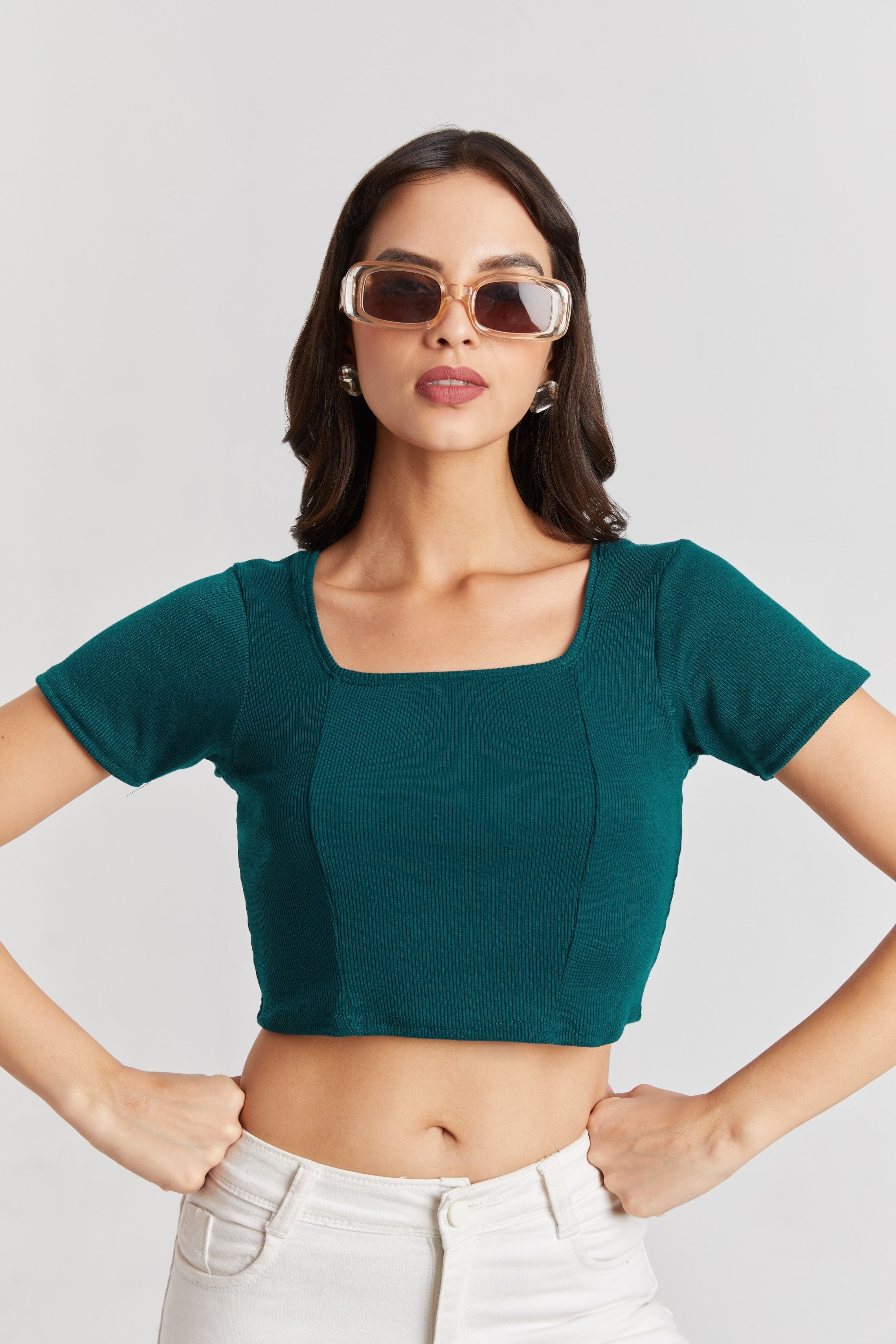 Tail Green Ribbed Square Neck Crop Top