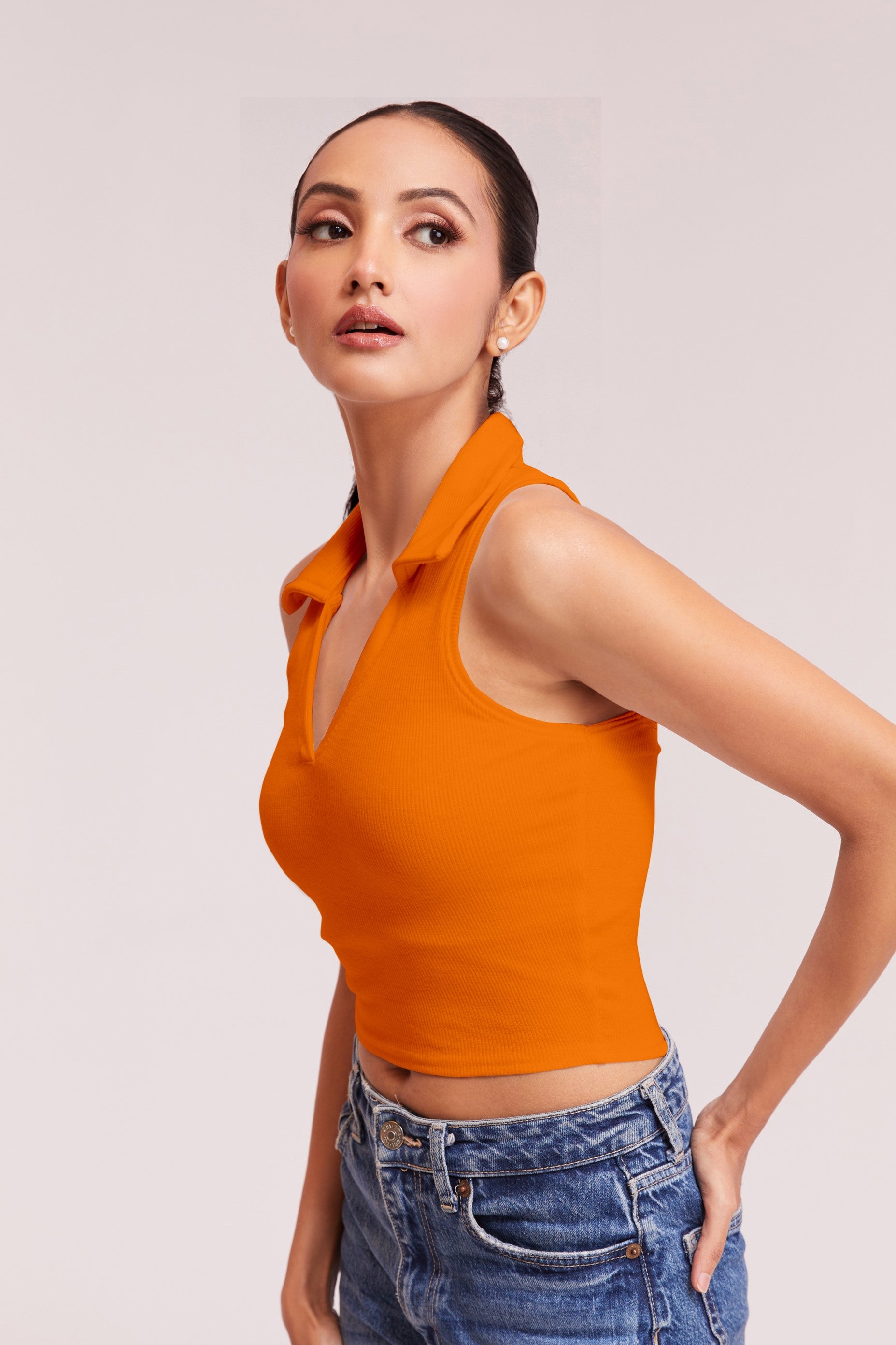 Orange-Ribbed Collared Sleeveless Crop Top