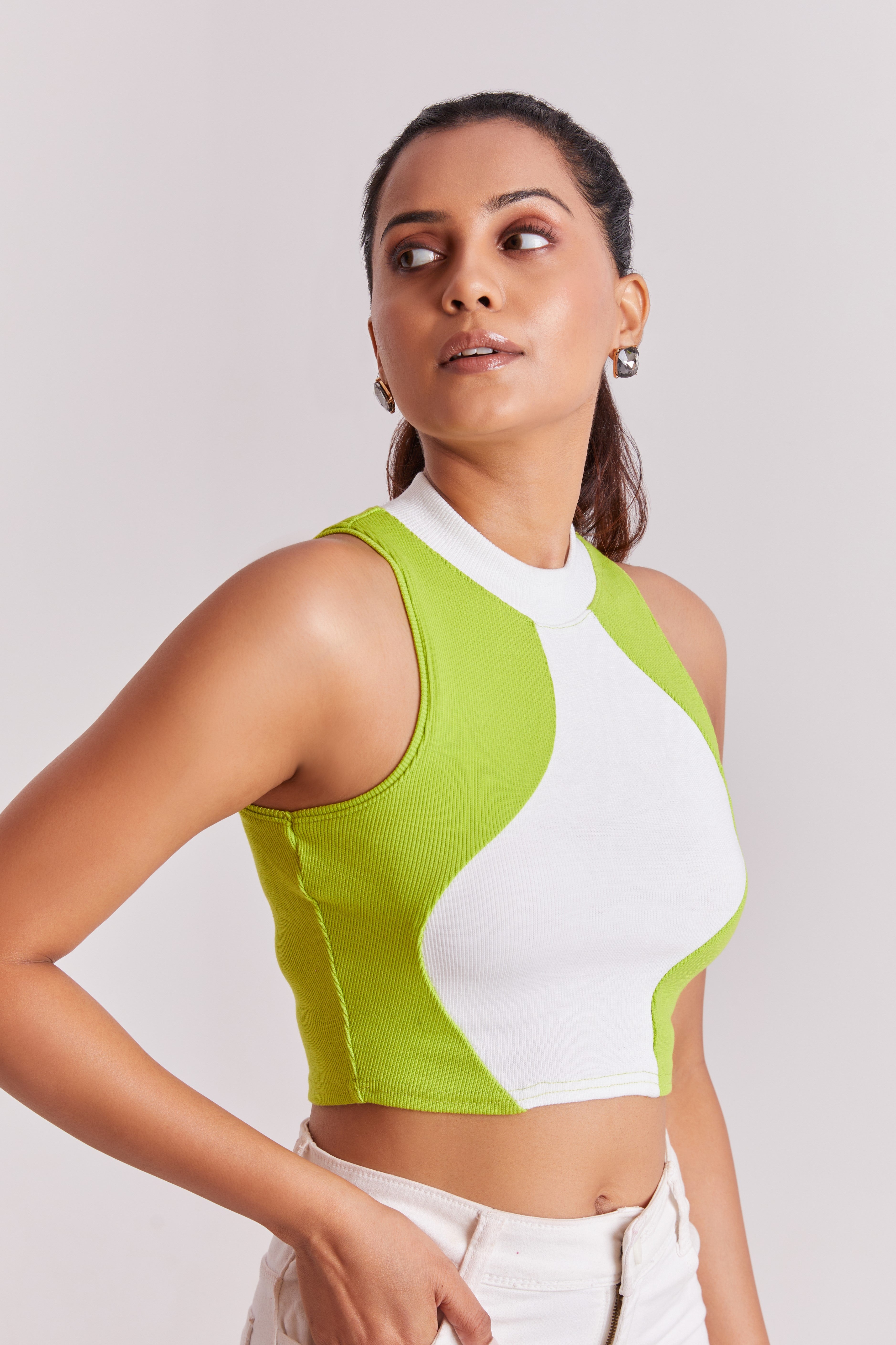 Neon & White Ribbed High Neck Sleeveless Crop Top