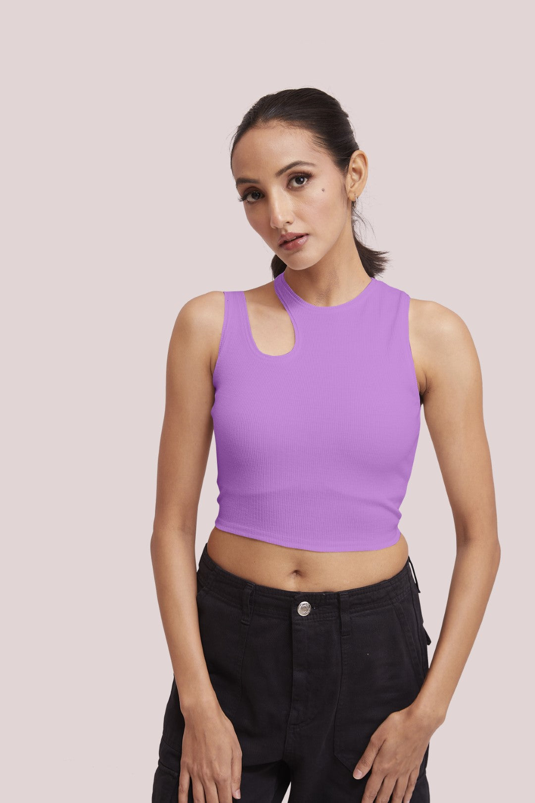 Green-Ribbed Sleeveless Cut-Out Tank Top