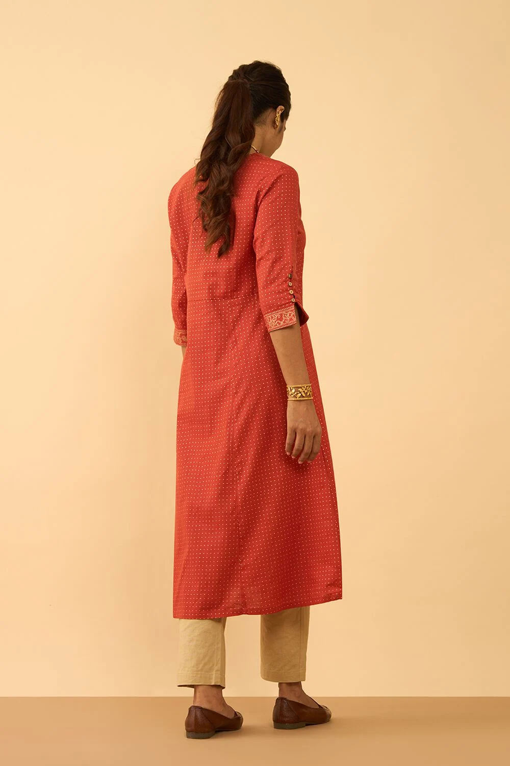 Coral Red Embroidered V-Neck Kurta