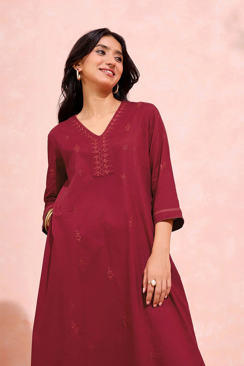 Maroon A-Line Kurta with Cream Pants